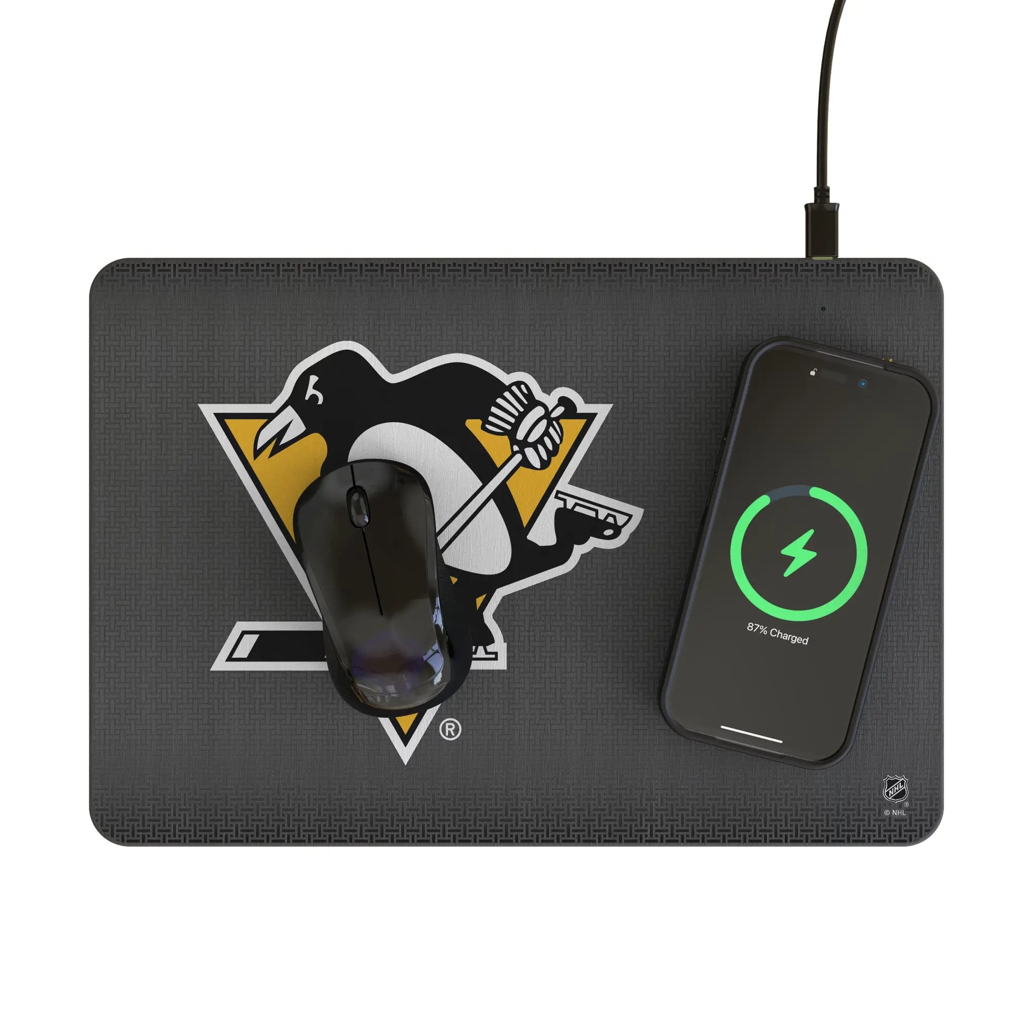 Pittsburgh Penguins Linen 15-Watt Wireless Charger and Mouse Pad - Lifestyle