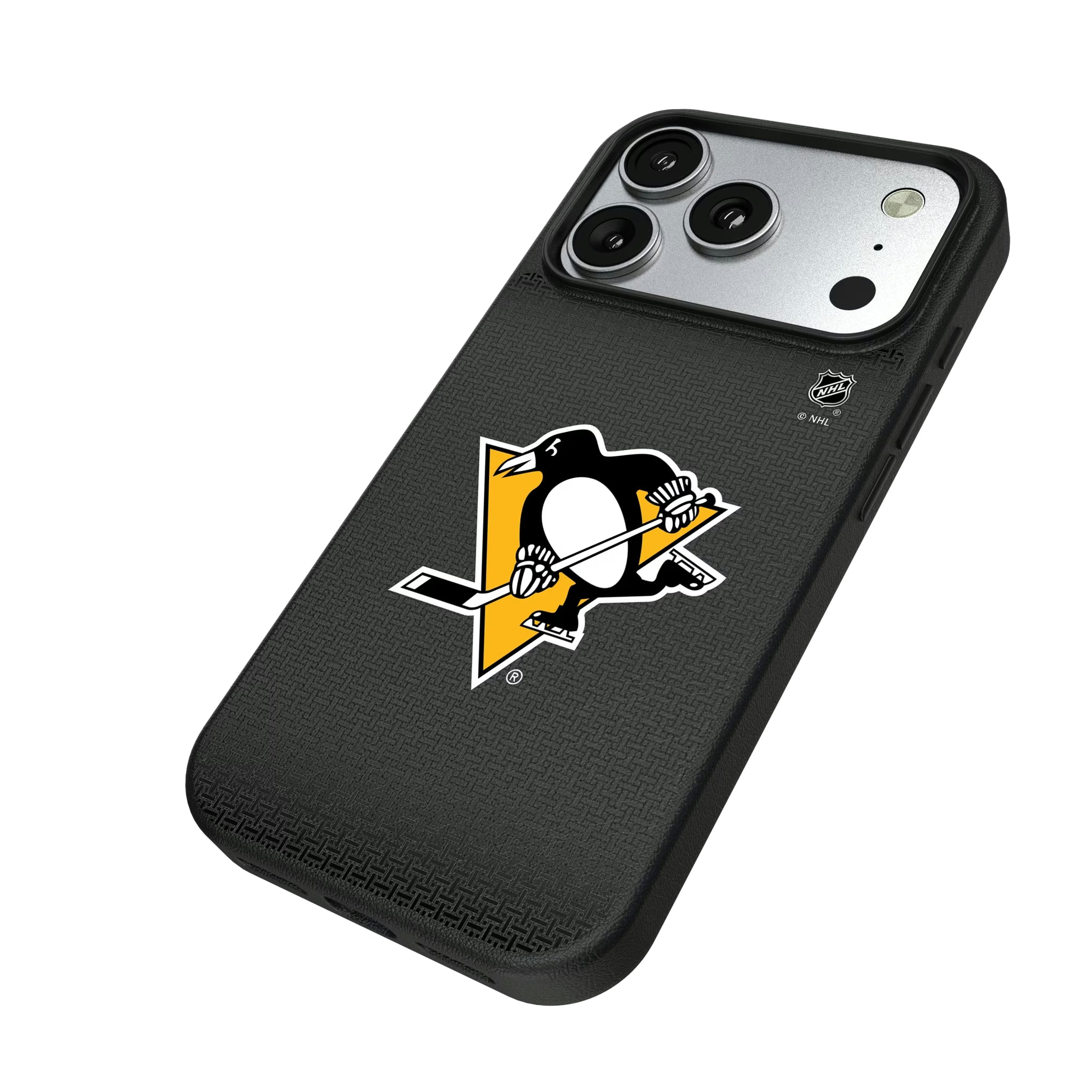 Pittsburgh Penguins Linen iPhone MagSafe Compatible Phone Case for Apple iPhone - Isometric View#Device_iPhone 17 Pro