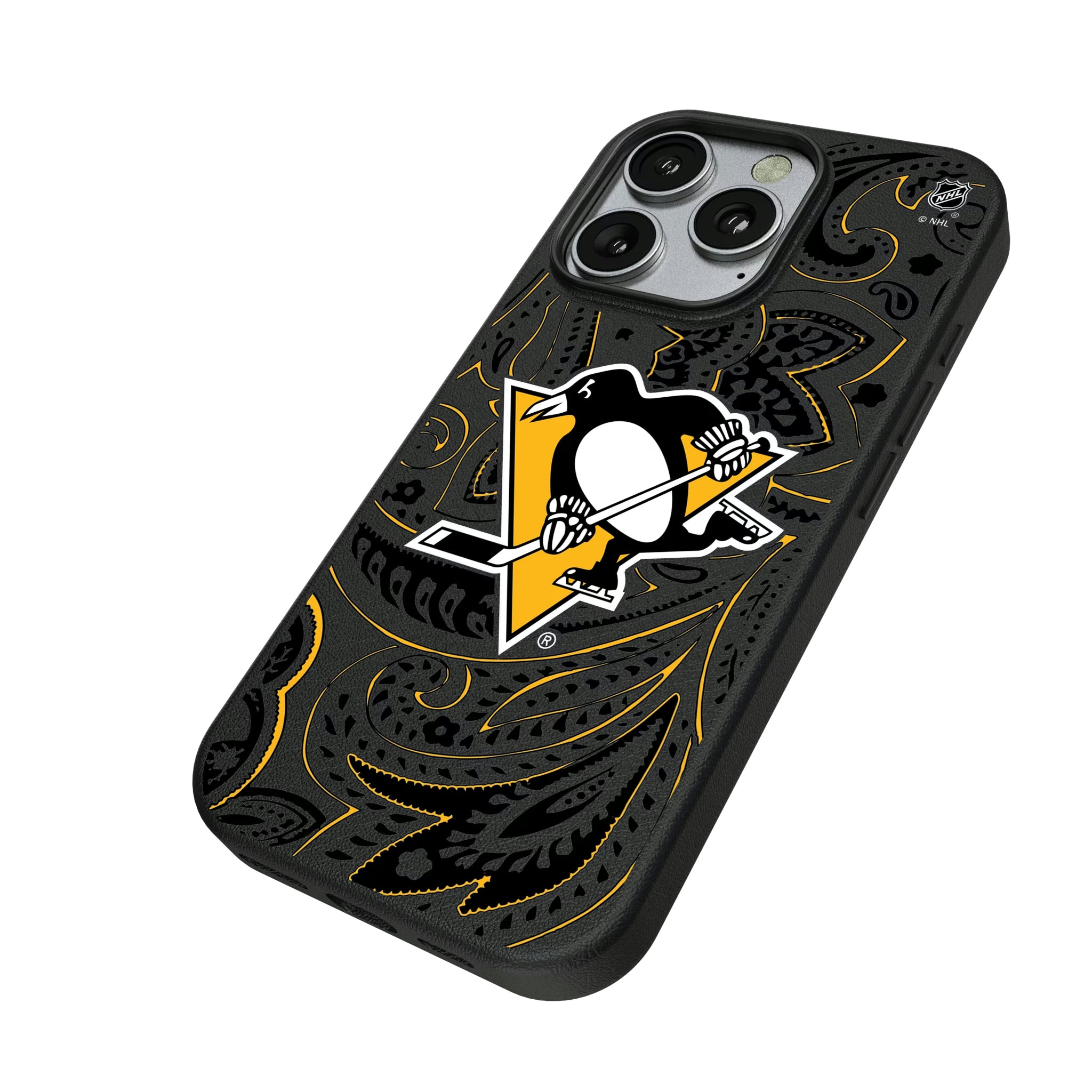 Pittsburgh Penguins Paisley iPhone MagSafe Compatible Phone Case for Apple iPhone - Isometric View