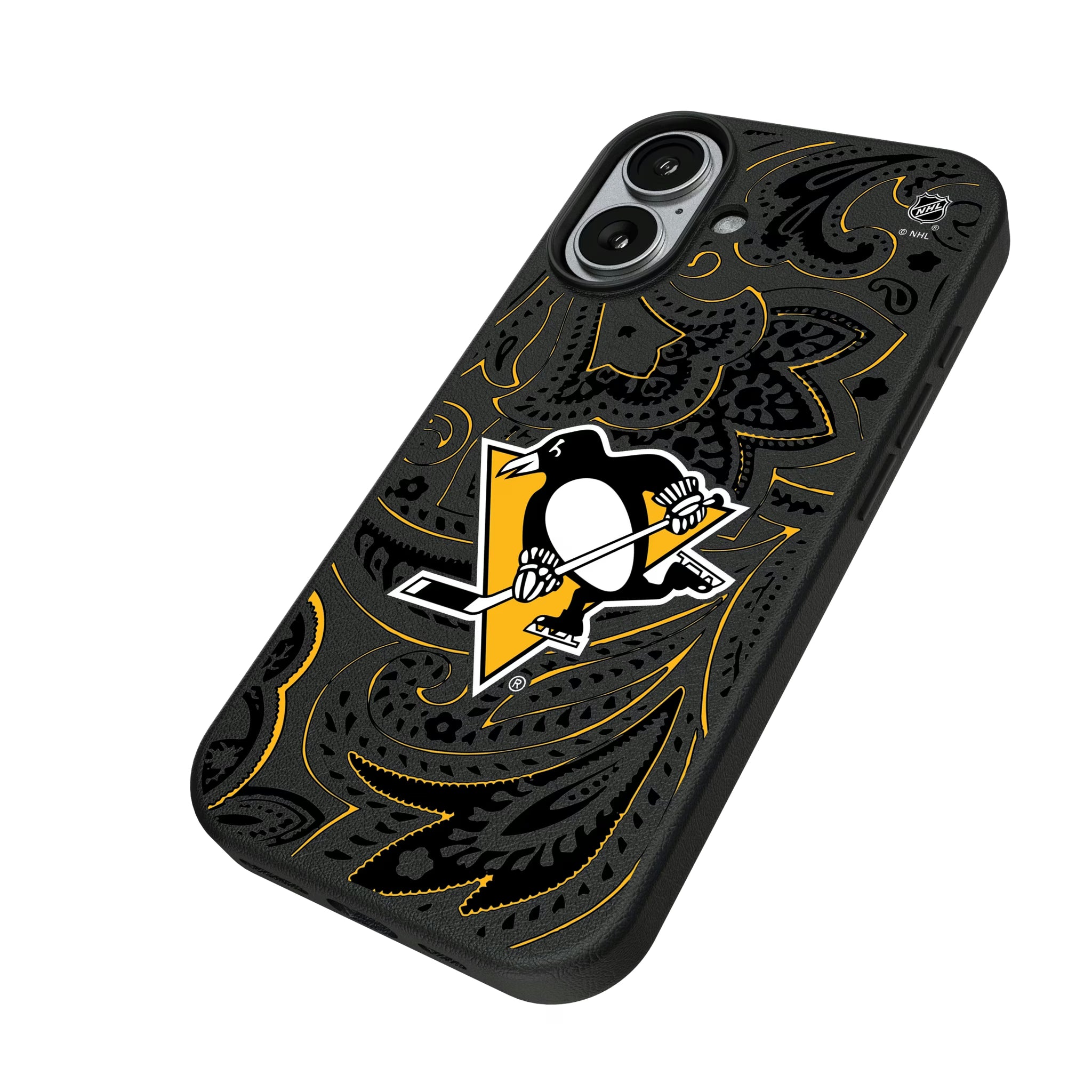 Pittsburgh Penguins Paisley iPhone MagSafe Compatible Phone Case for Apple iPhone - Isometric View#Device_iPhone 17