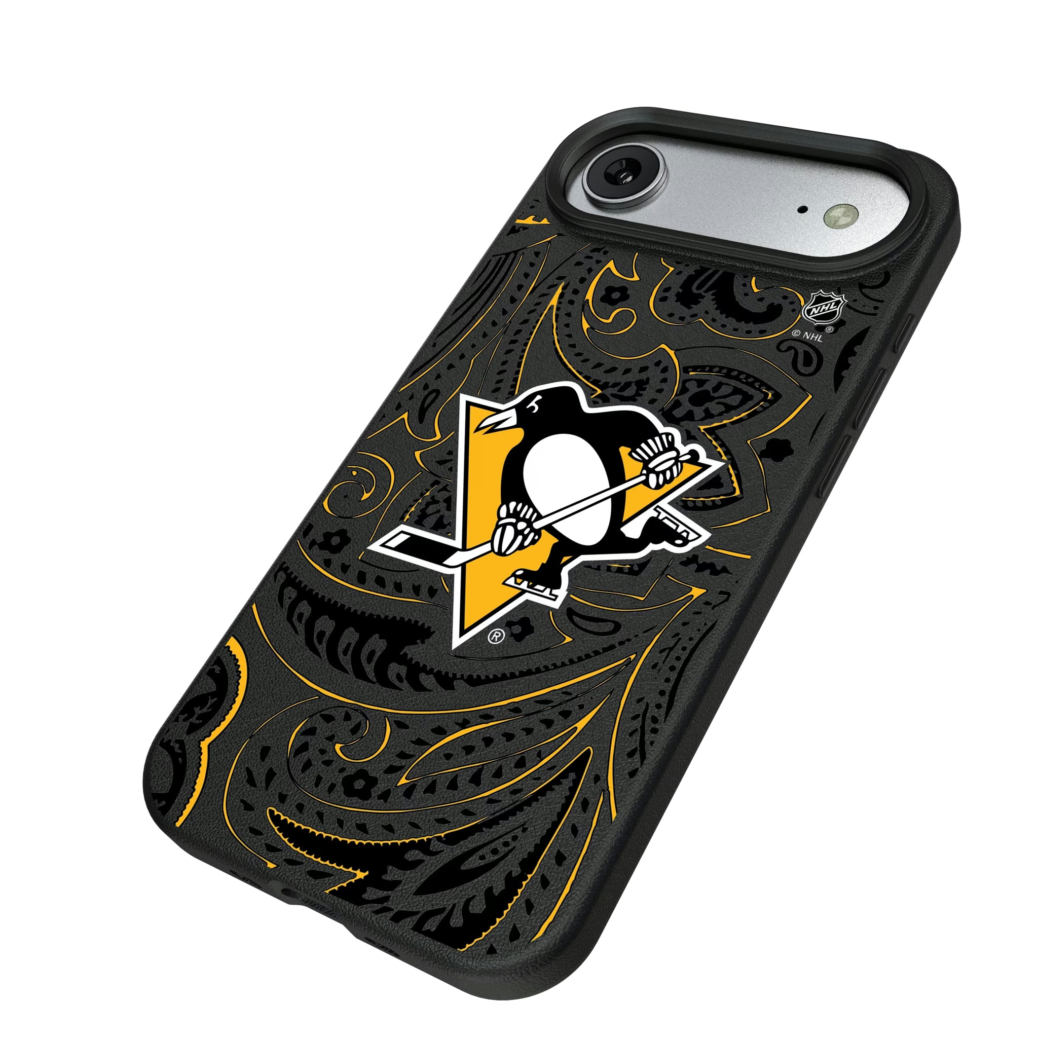 Pittsburgh Penguins Paisley iPhone MagSafe Compatible Phone Case for Apple iPhone - Isometric View#Device_iPhone Air