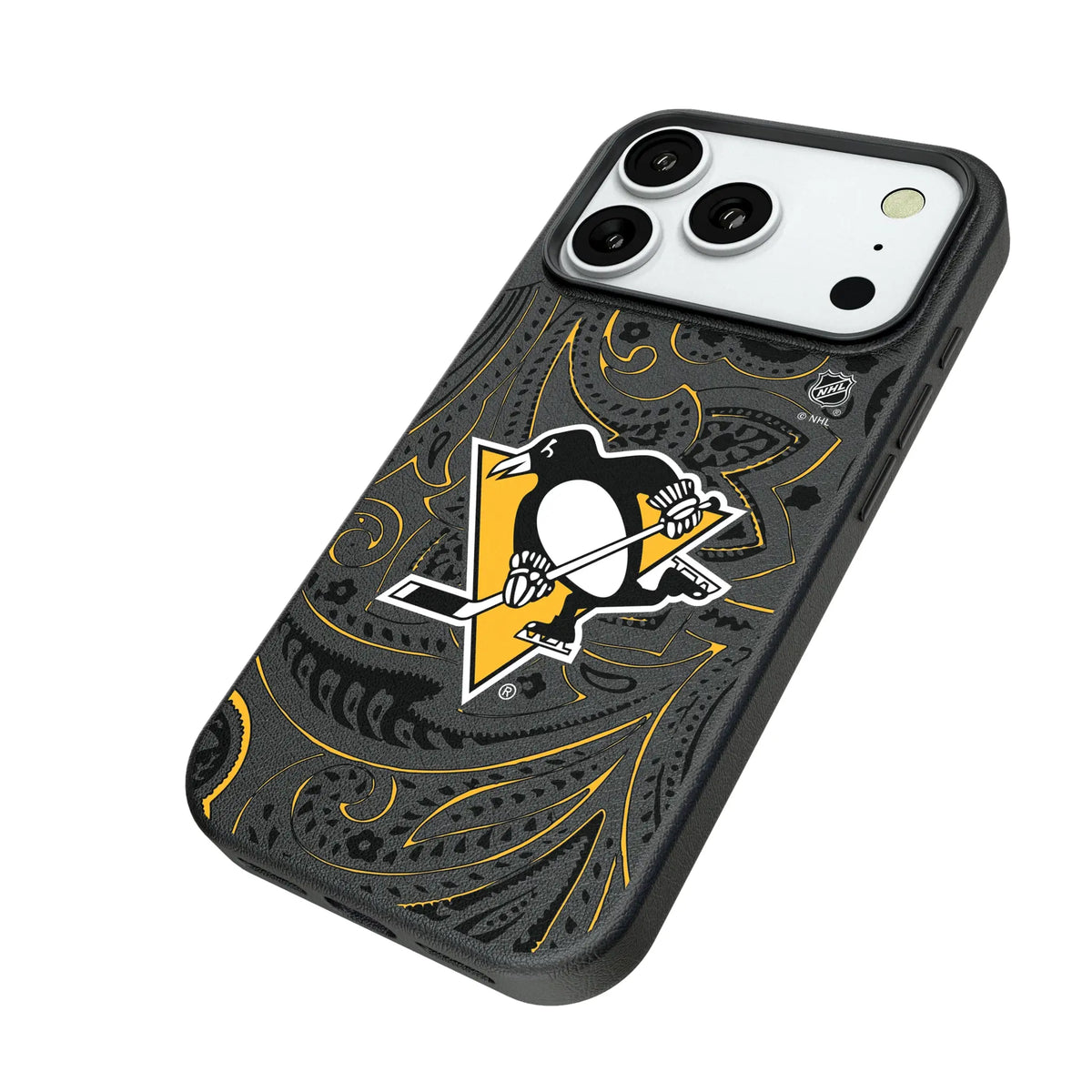 Pittsburgh Penguins Paisley iPhone MagSafe Compatible Phone Case for Apple iPhone - Isometric View#Device_iPhone 18 Pro