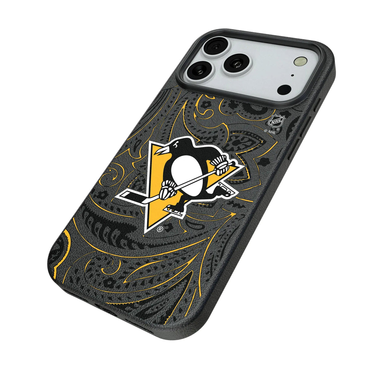 Pittsburgh Penguins Paisley iPhone MagSafe Compatible Phone Case for Apple iPhone - Isometric View#Device_iPhone 18 Pro Max