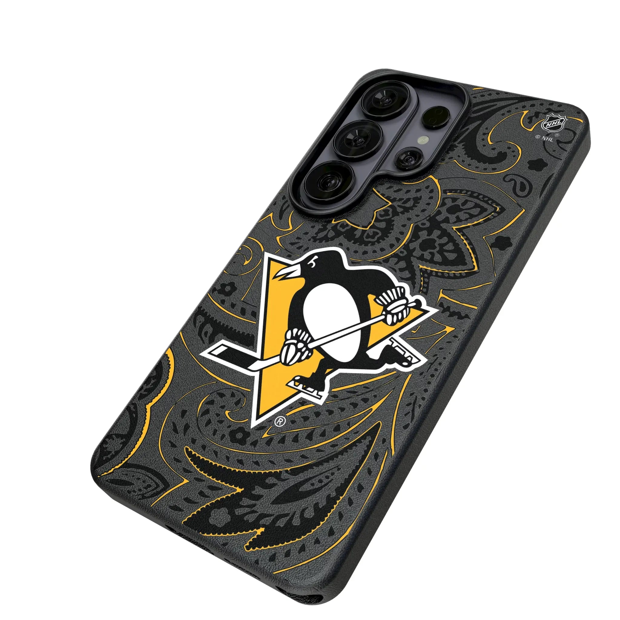 Pittsburgh Penguins Paisley Galaxy MagSafe Compatible Phone Case for Samsung Galaxy - Isometric View#Device_Galaxy S26 Ultra
