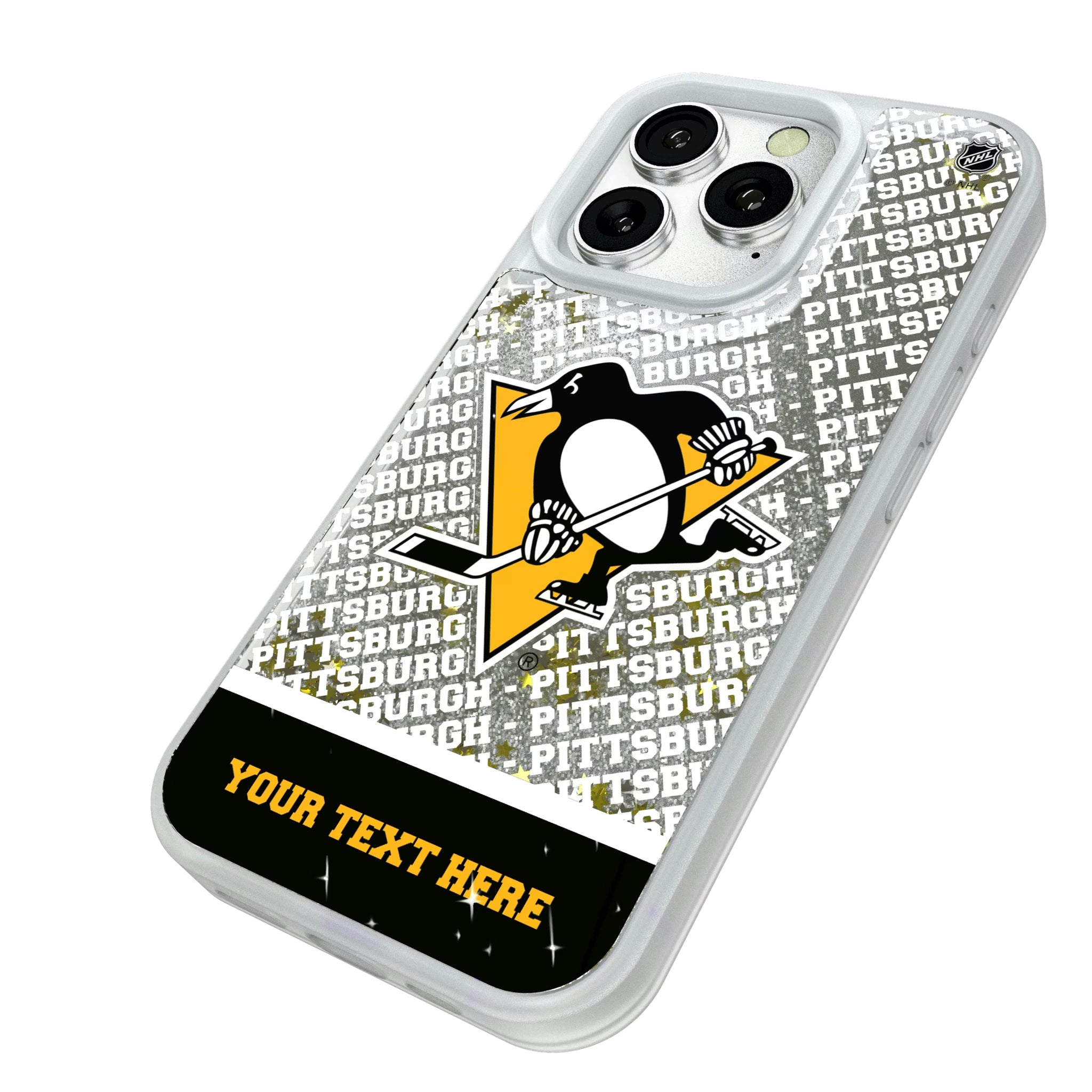 Pittsburgh Penguins Personalized EndZone Plus iPhone Glitter Phone Case for Apple iPhone - Isometric View#Device_iPhone 16 Pro