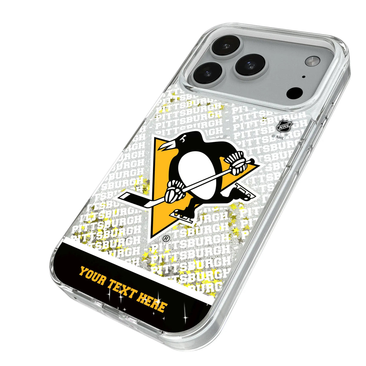 Pittsburgh Penguins Personalized EndZone Plus iPhone Glitter Phone Case for Apple iPhone - Isometric View#Device_iPhone 18 Pro
