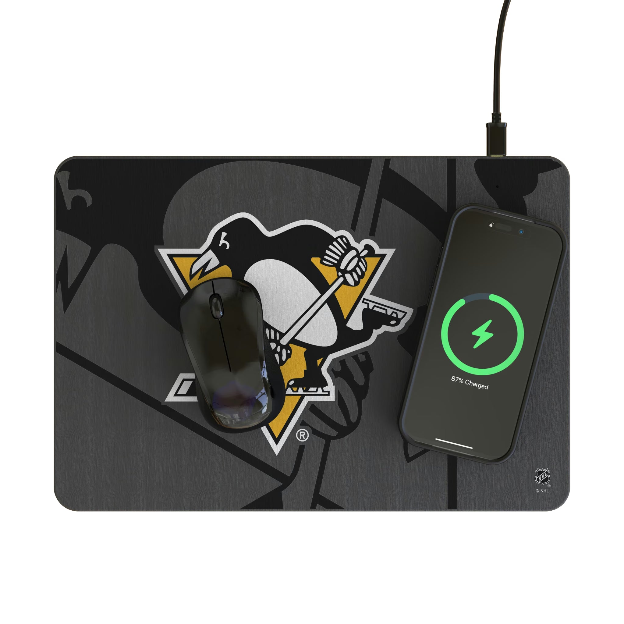 Pittsburgh Penguins Personalized Tilt 15-Watt Wireless Charger and Mouse Pad - Lifestyle