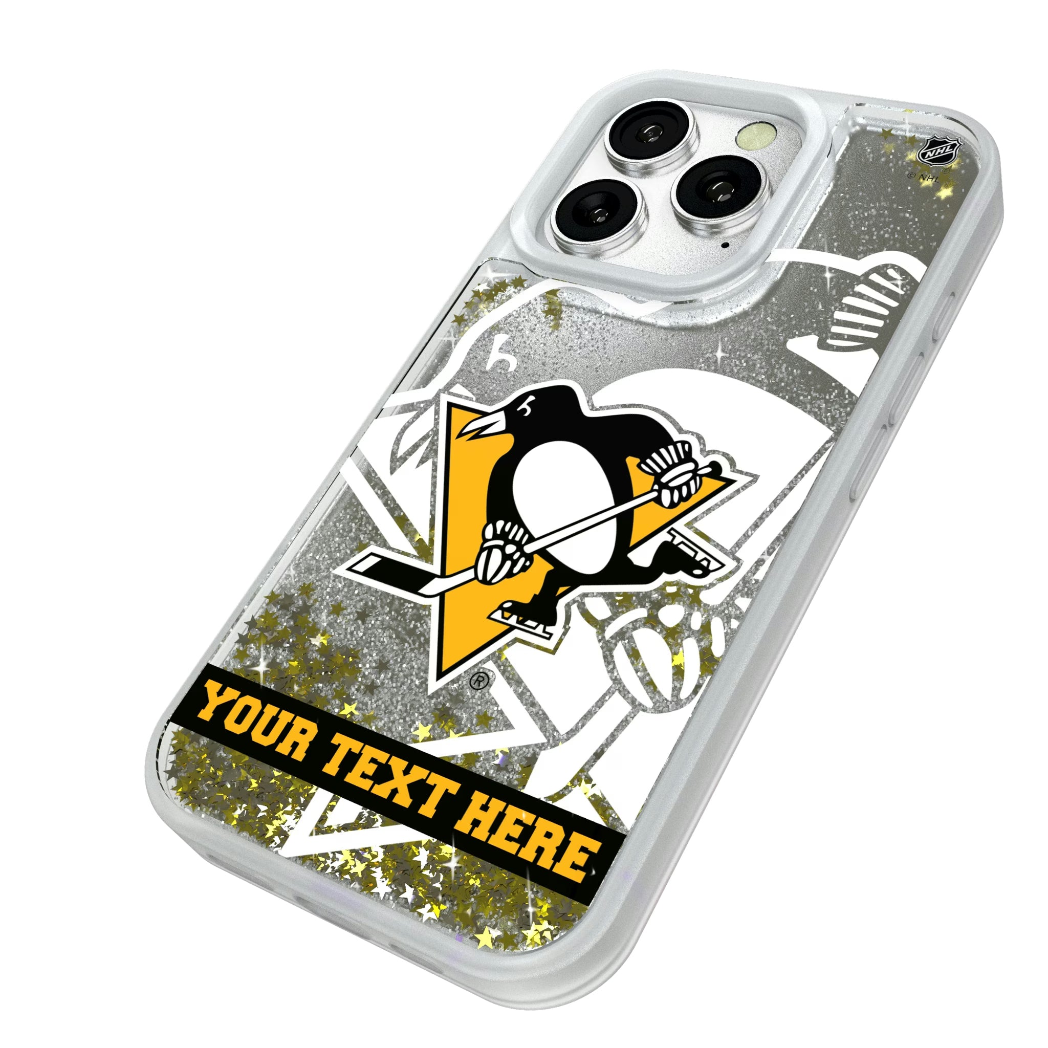 Pittsburgh Penguins Personalized Tilt iPhone Glitter Phone Case for Apple iPhone - Isometric View#Device_iPhone 16 Pro