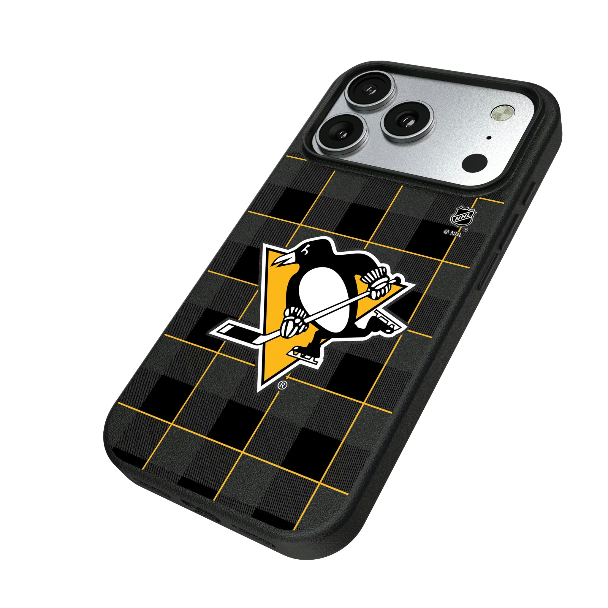 Pittsburgh Penguins Plaid iPhone MagSafe Compatible Phone Case for Apple iPhone - Isometric View#Device_iPhone 17 Pro