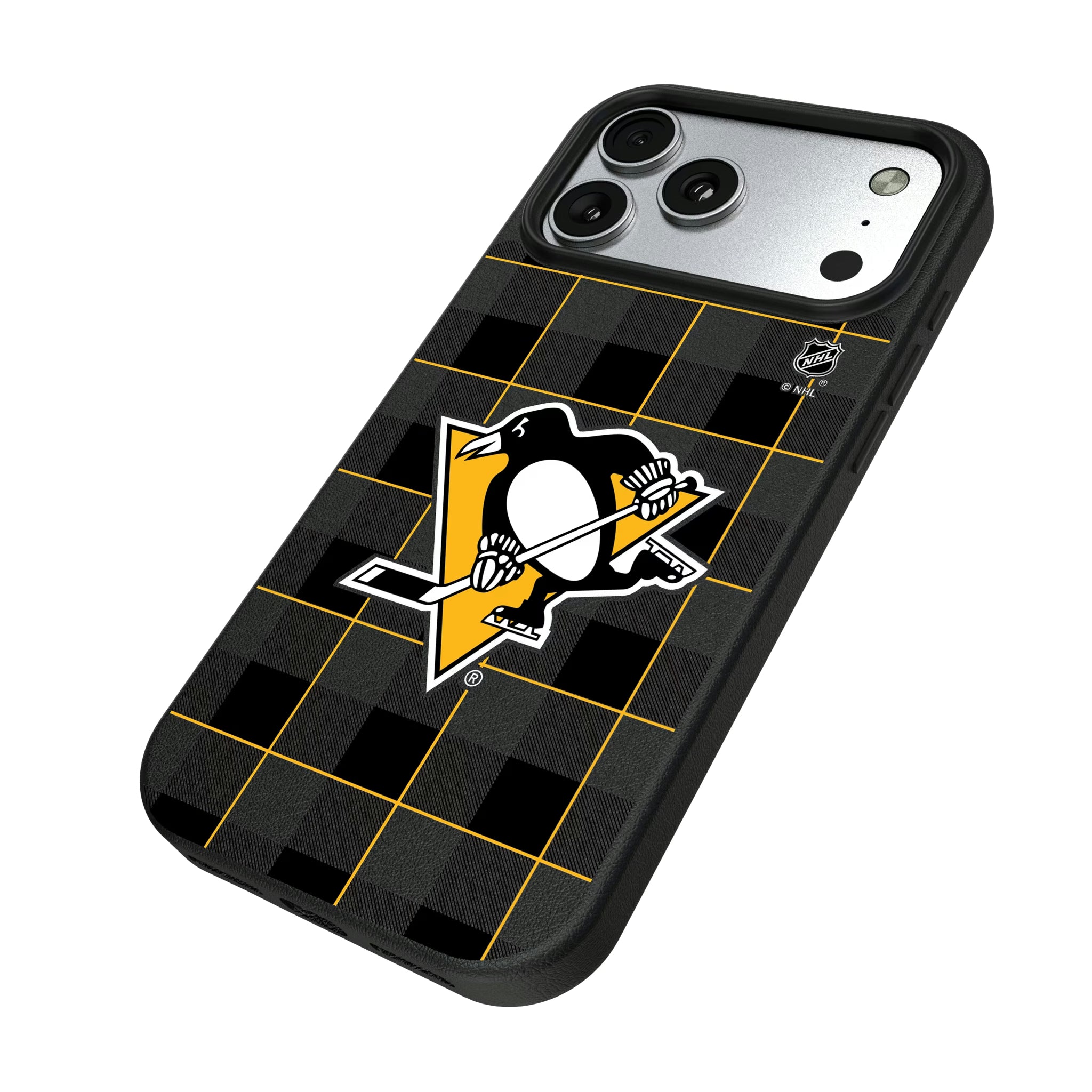 Pittsburgh Penguins Plaid iPhone MagSafe Compatible Phone Case for Apple iPhone - Isometric View#Device_iPhone 17 Pro Max