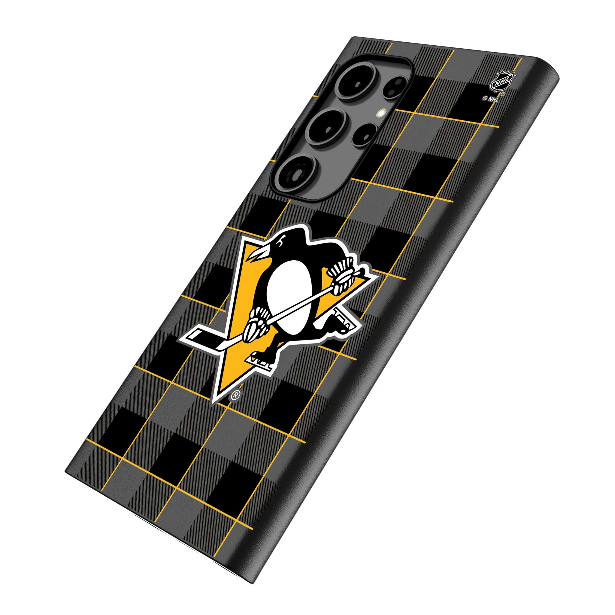 Pittsburgh Penguins Plaid Galaxy MagSafe Compatible Phone Case for Samsung Galaxy - Isometric View