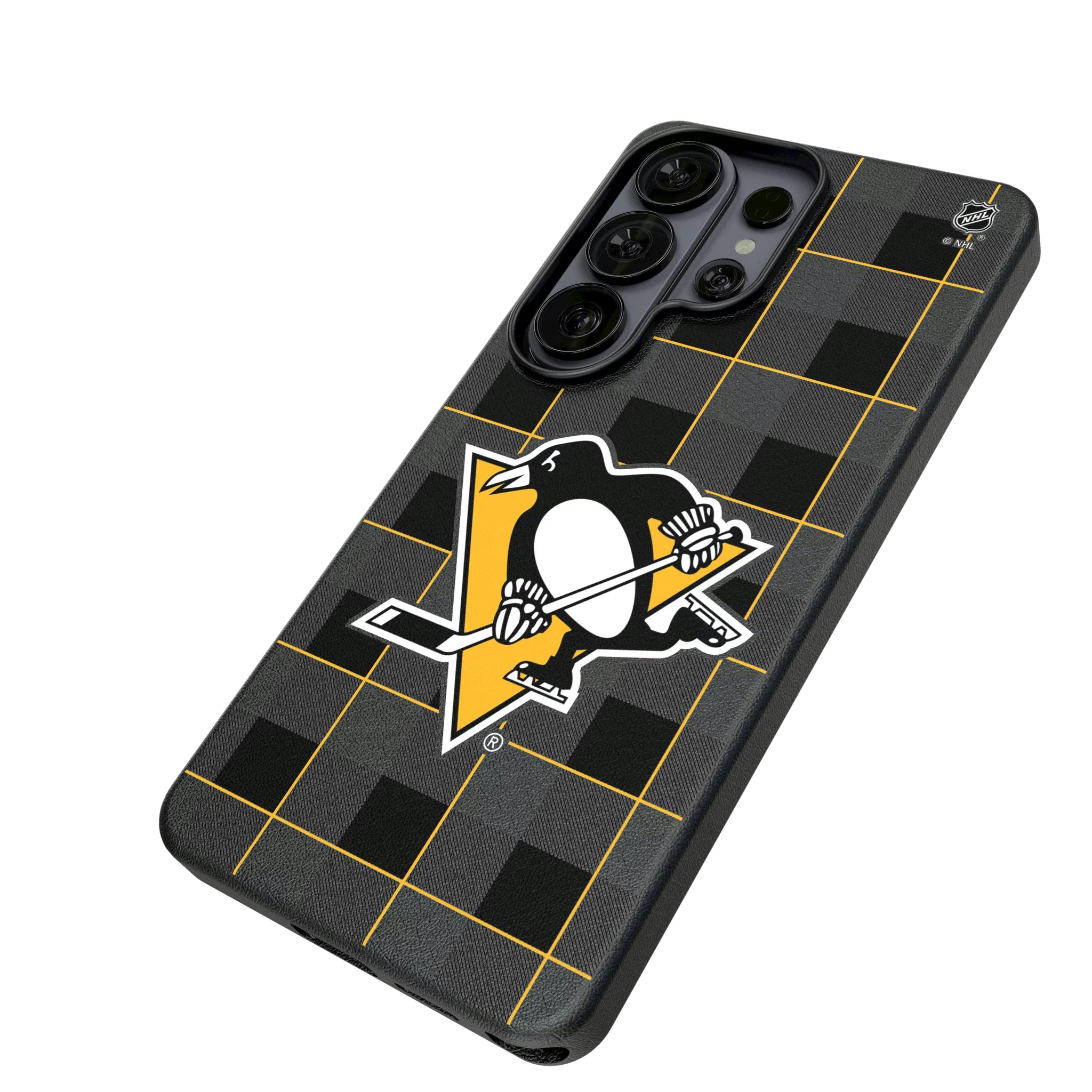 Pittsburgh Penguins Plaid Galaxy MagSafe Compatible Phone Case for Samsung Galaxy - Isometric View