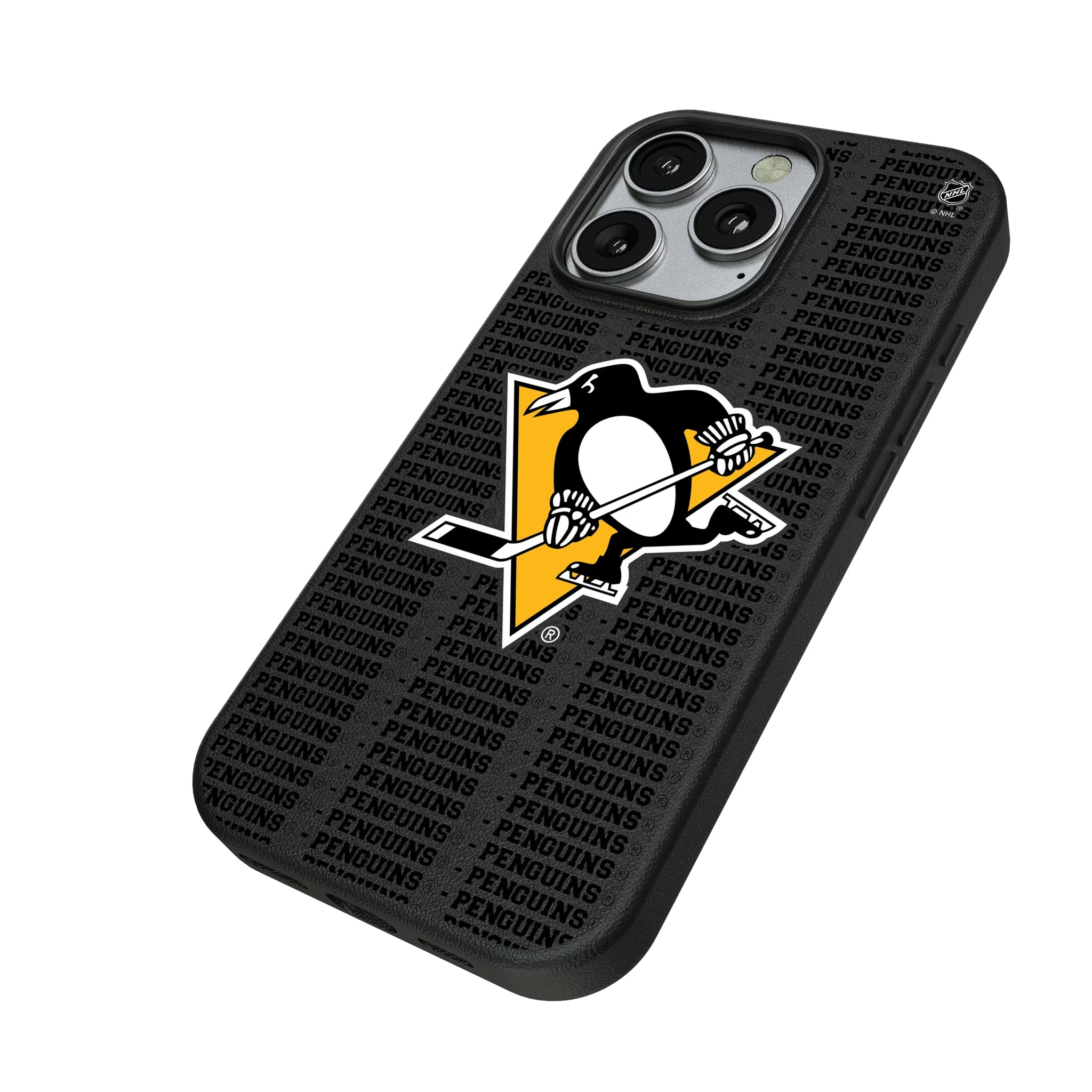Pittsburgh Penguins Text Backdrop iPhone MagSafe Compatible Phone Case for Apple iPhone - Isometric View