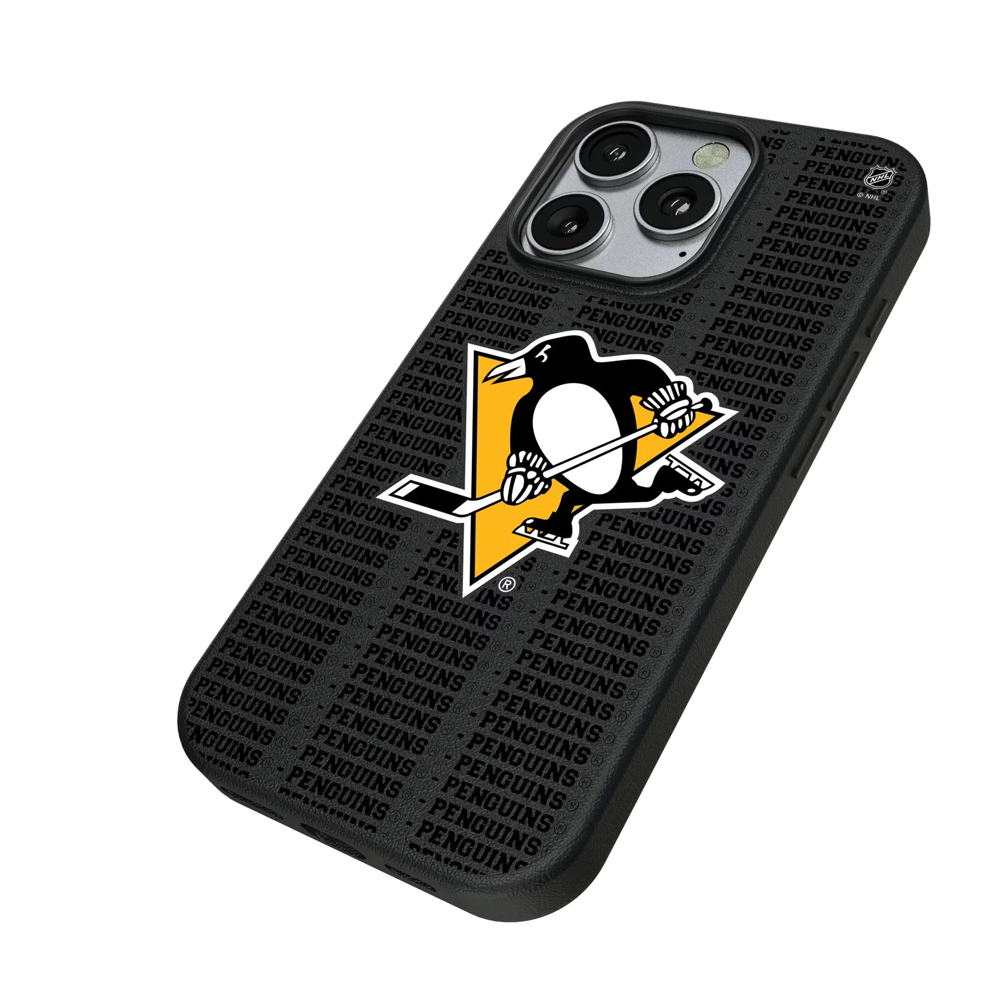 Pittsburgh Penguins Text Backdrop iPhone MagSafe Compatible Phone Case for Apple iPhone - Isometric View