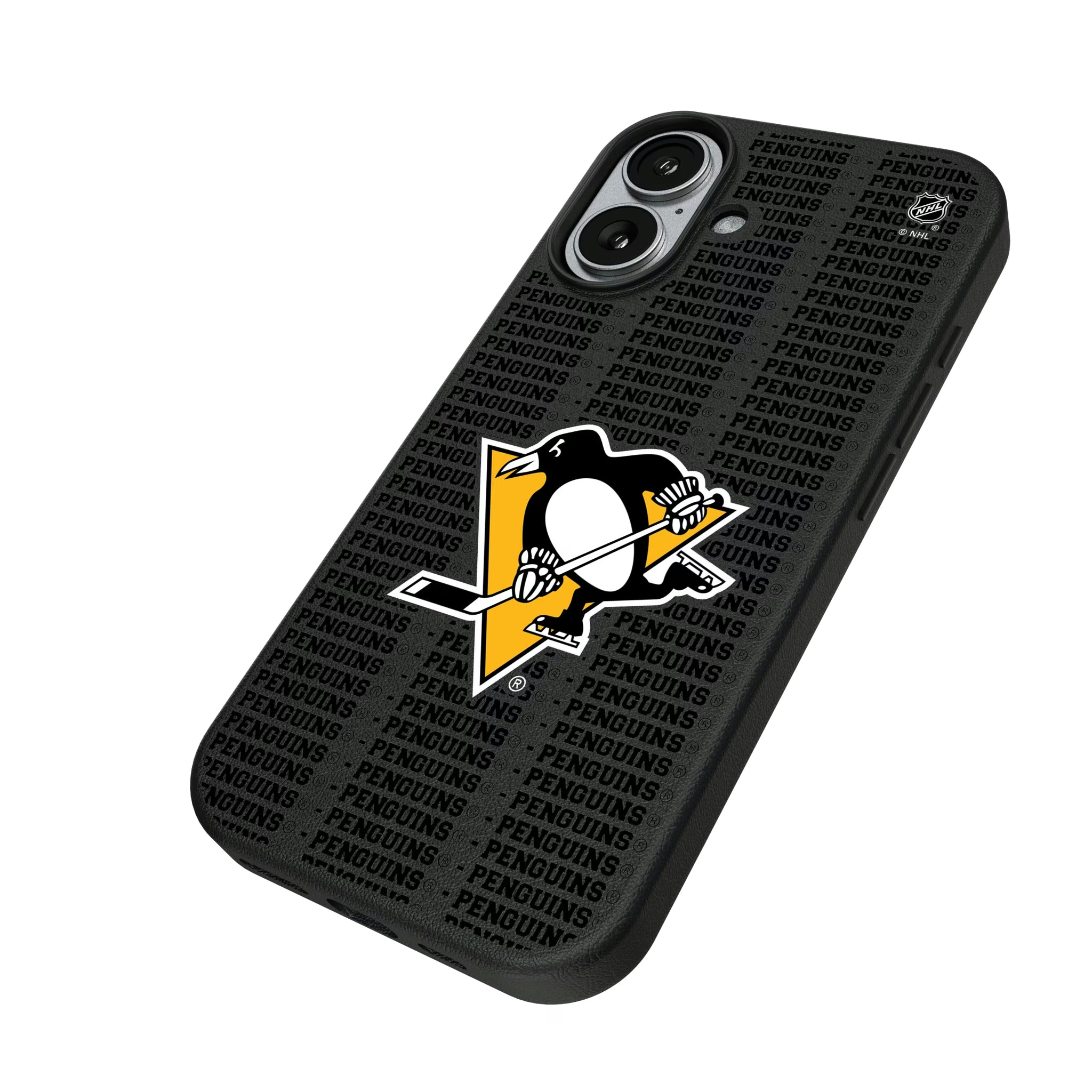 Pittsburgh Penguins Text Backdrop iPhone MagSafe Compatible Phone Case for Apple iPhone - Isometric View#Device_iPhone 17
