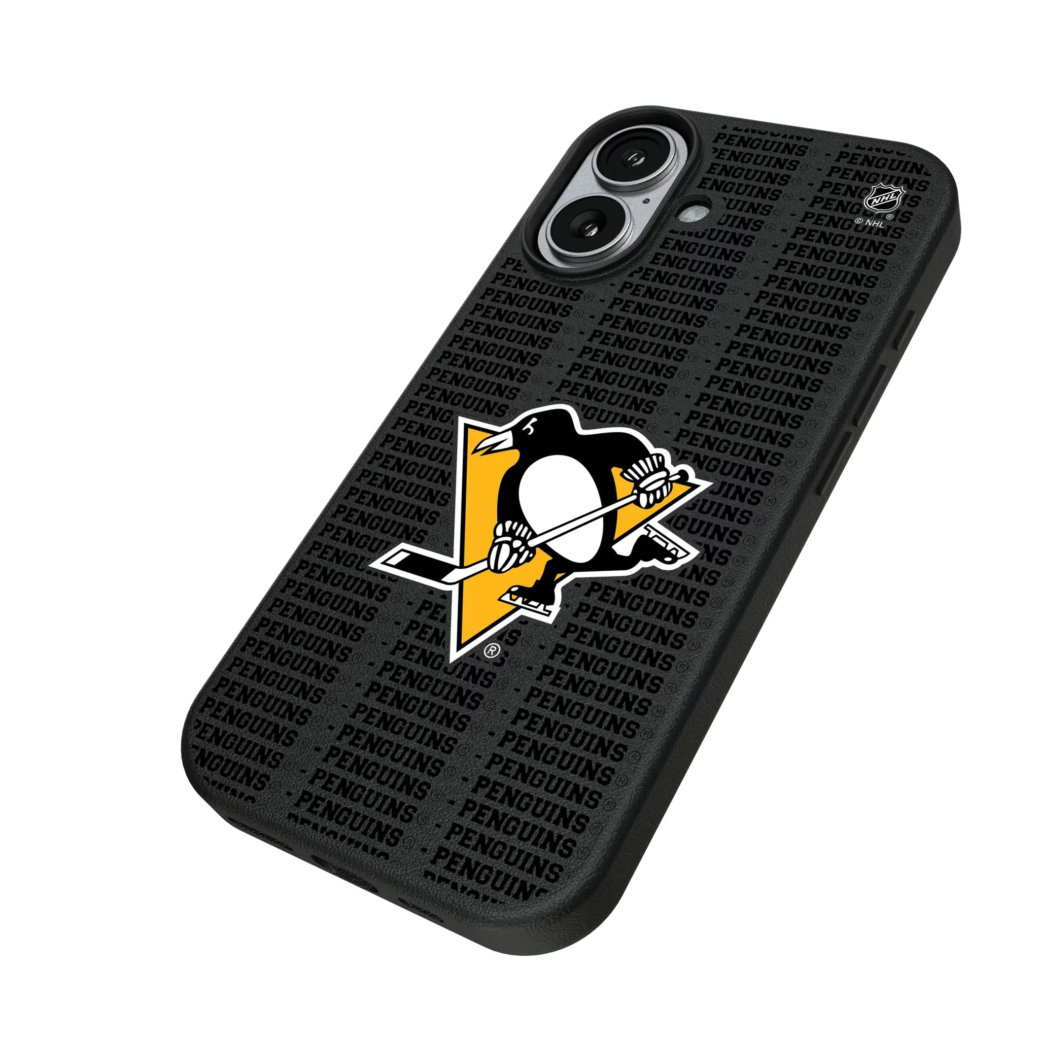 Pittsburgh Penguins Text Backdrop iPhone MagSafe Compatible Phone Case for Apple iPhone - Isometric View#Device_iPhone 17