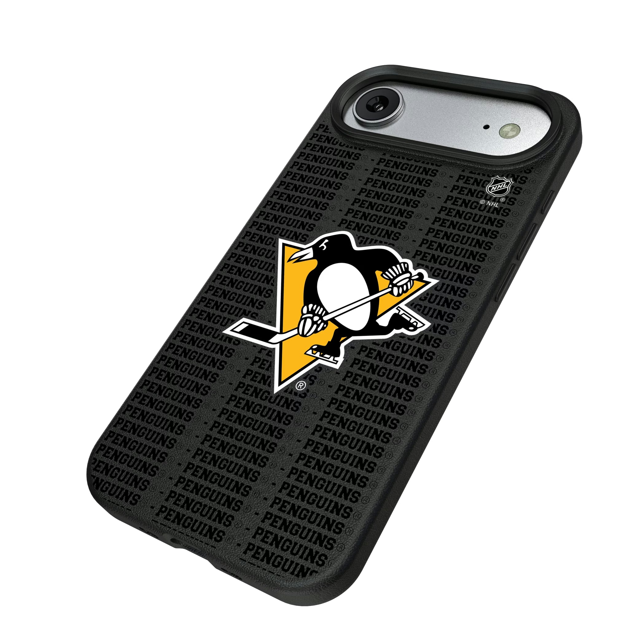 Pittsburgh Penguins Text Backdrop iPhone MagSafe Compatible Phone Case for Apple iPhone - Isometric View#Device_iPhone Air