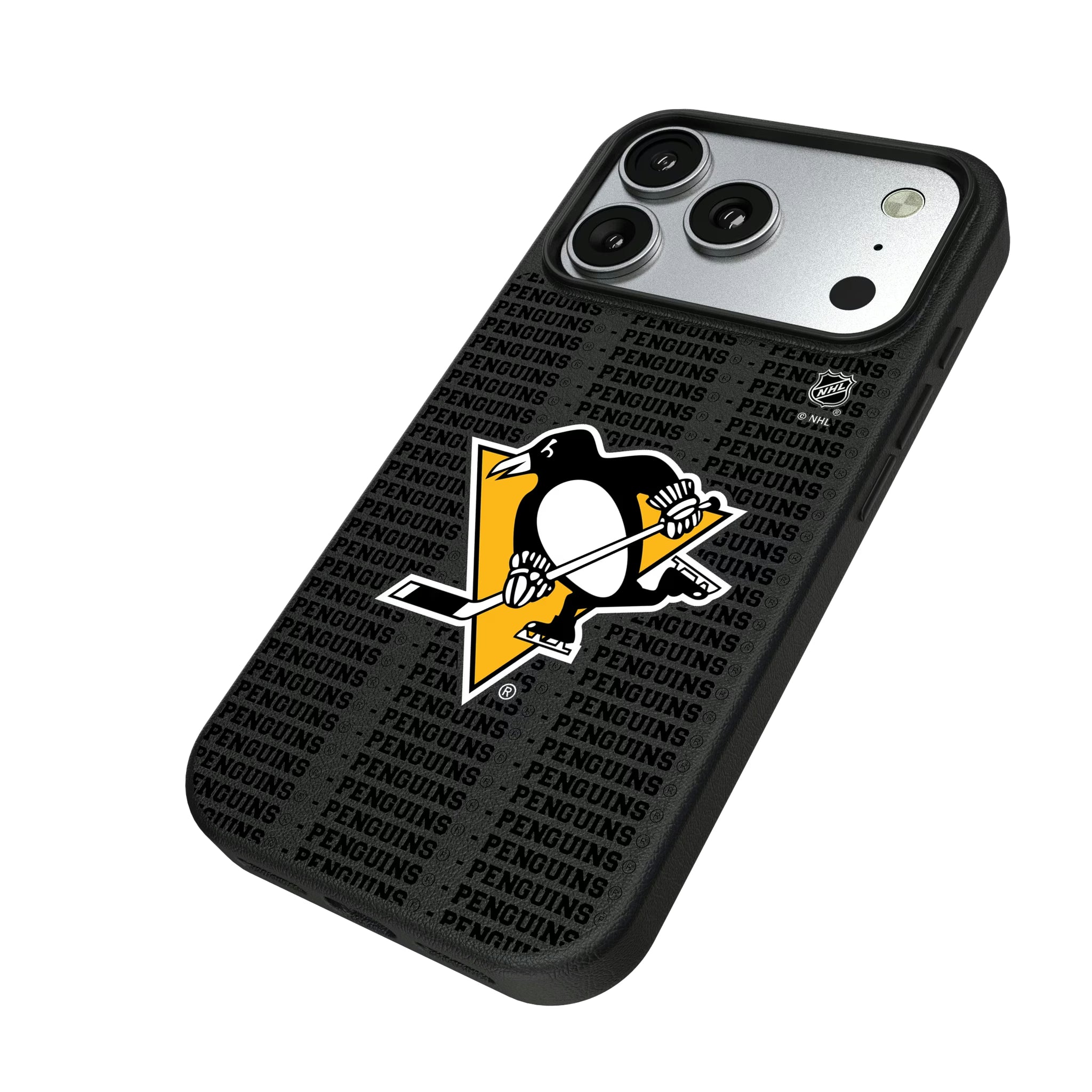 Pittsburgh Penguins Text Backdrop iPhone MagSafe Compatible Phone Case for Apple iPhone - Isometric View#Device_iPhone 17 Pro