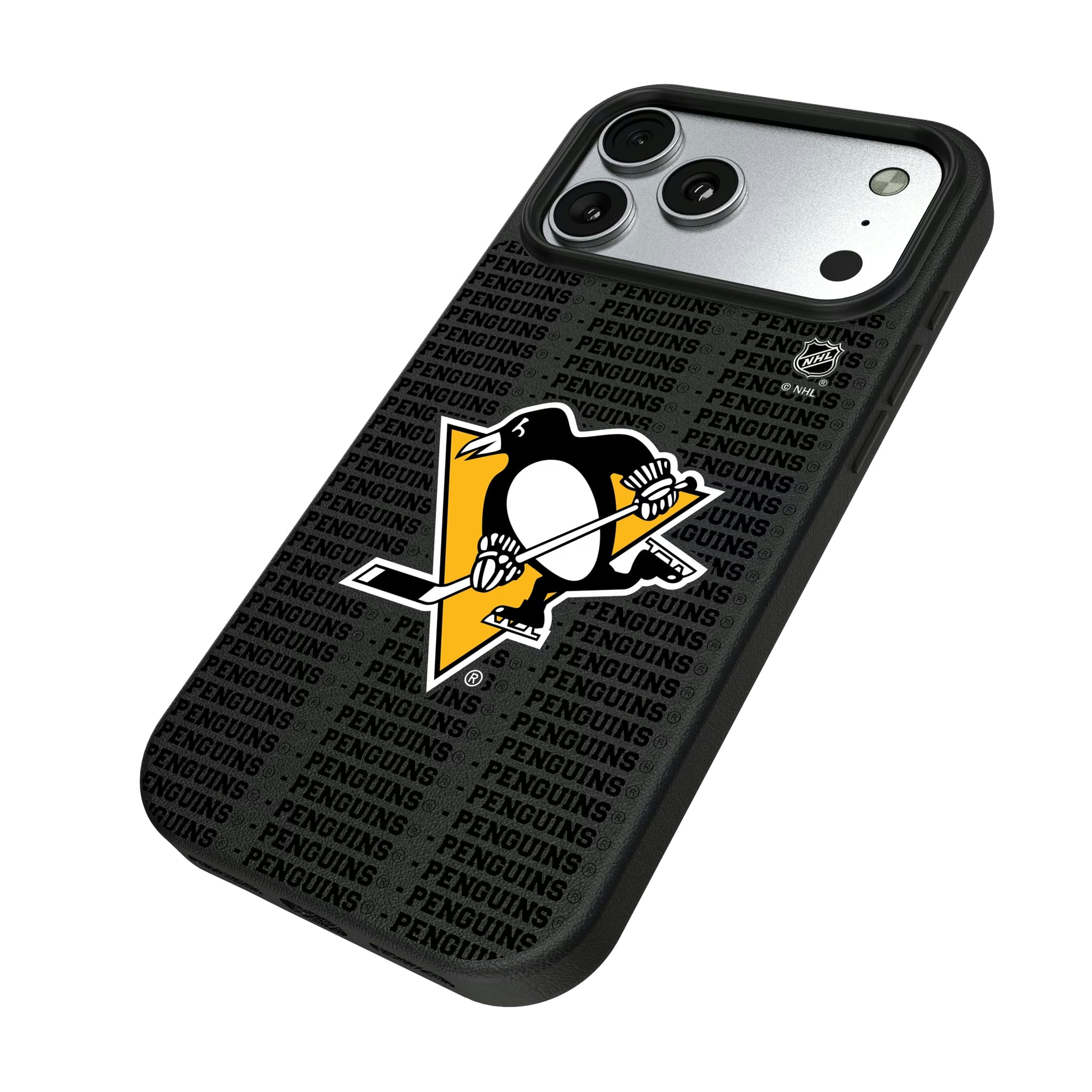 Pittsburgh Penguins Text Backdrop iPhone MagSafe Compatible Phone Case for Apple iPhone - Isometric View#Device_iPhone 17 Pro Max