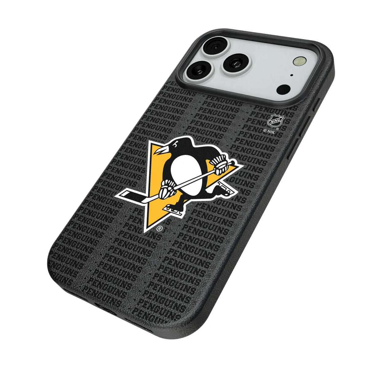 Pittsburgh Penguins Text Backdrop iPhone MagSafe Compatible Phone Case for Apple iPhone - Isometric View#Device_iPhone 18 Pro Max
