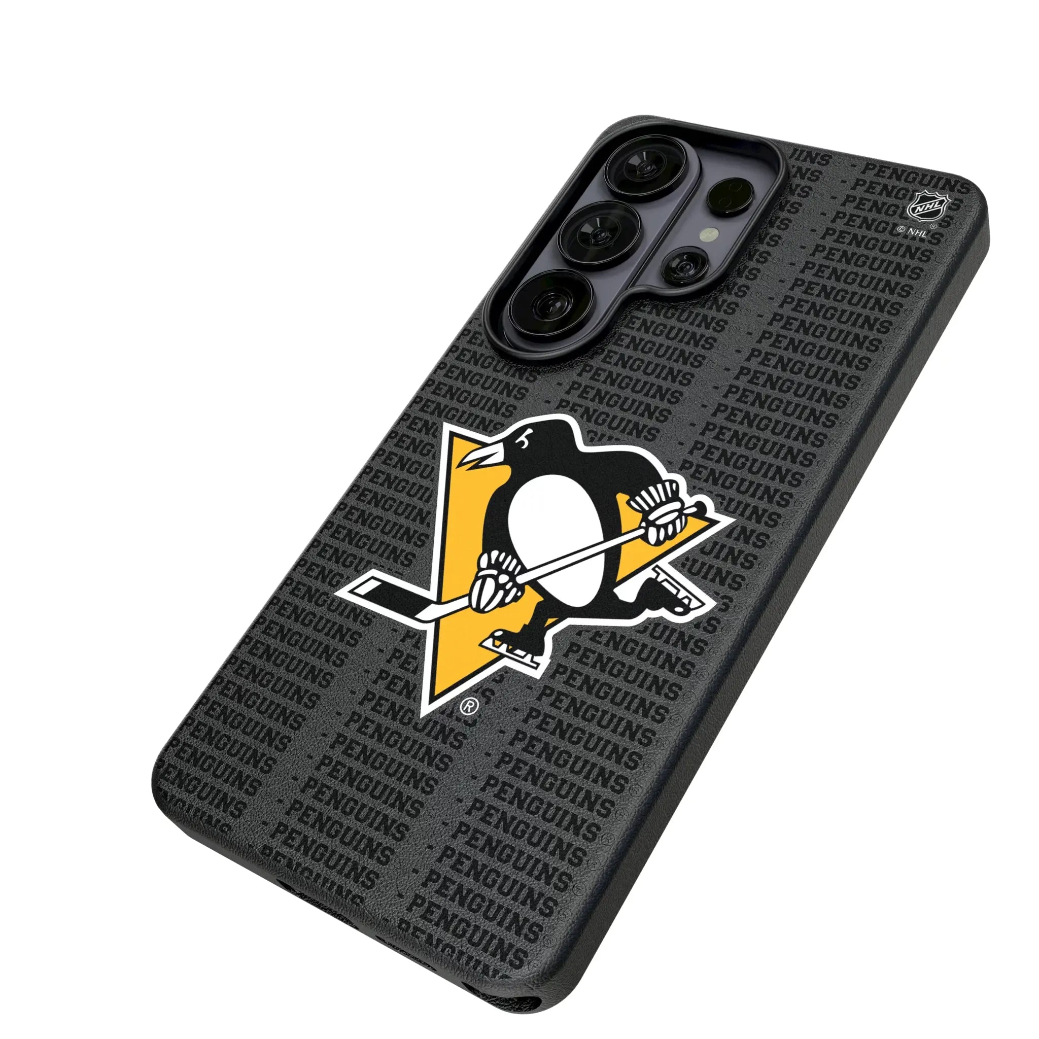 Pittsburgh Penguins Text Backdrop Galaxy MagSafe Compatible Phone Case for Samsung Galaxy - Isometric View#Device_Galaxy S26 Ultra