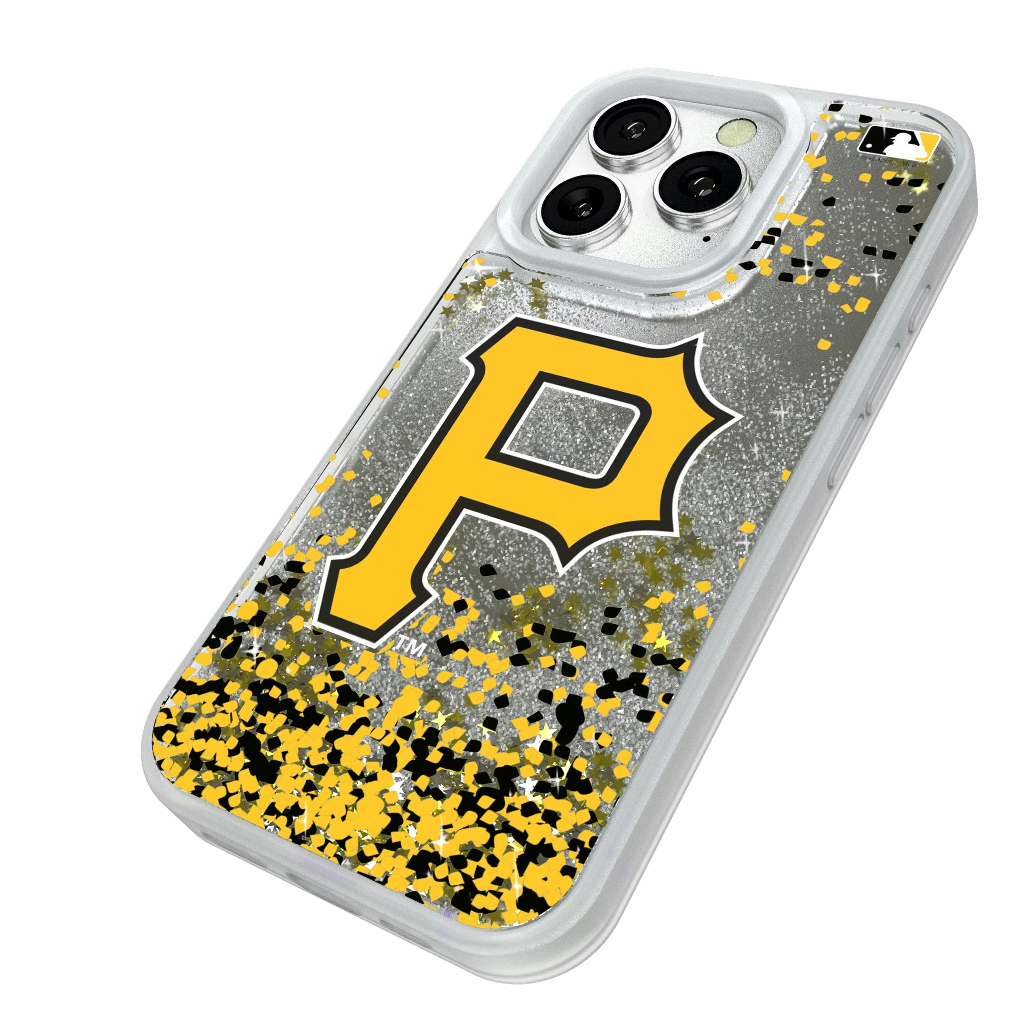 Pittsburgh Pirates Confetti iPhone Glitter Phone Case for Apple iPhone - Isometric View#Device_iPhone 16 Pro