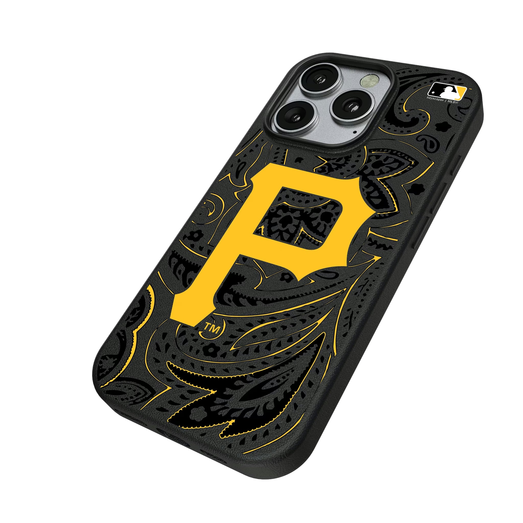Pittsburgh Pirates Paisley iPhone MagSafe Compatible Phone Case for Apple iPhone - Isometric View