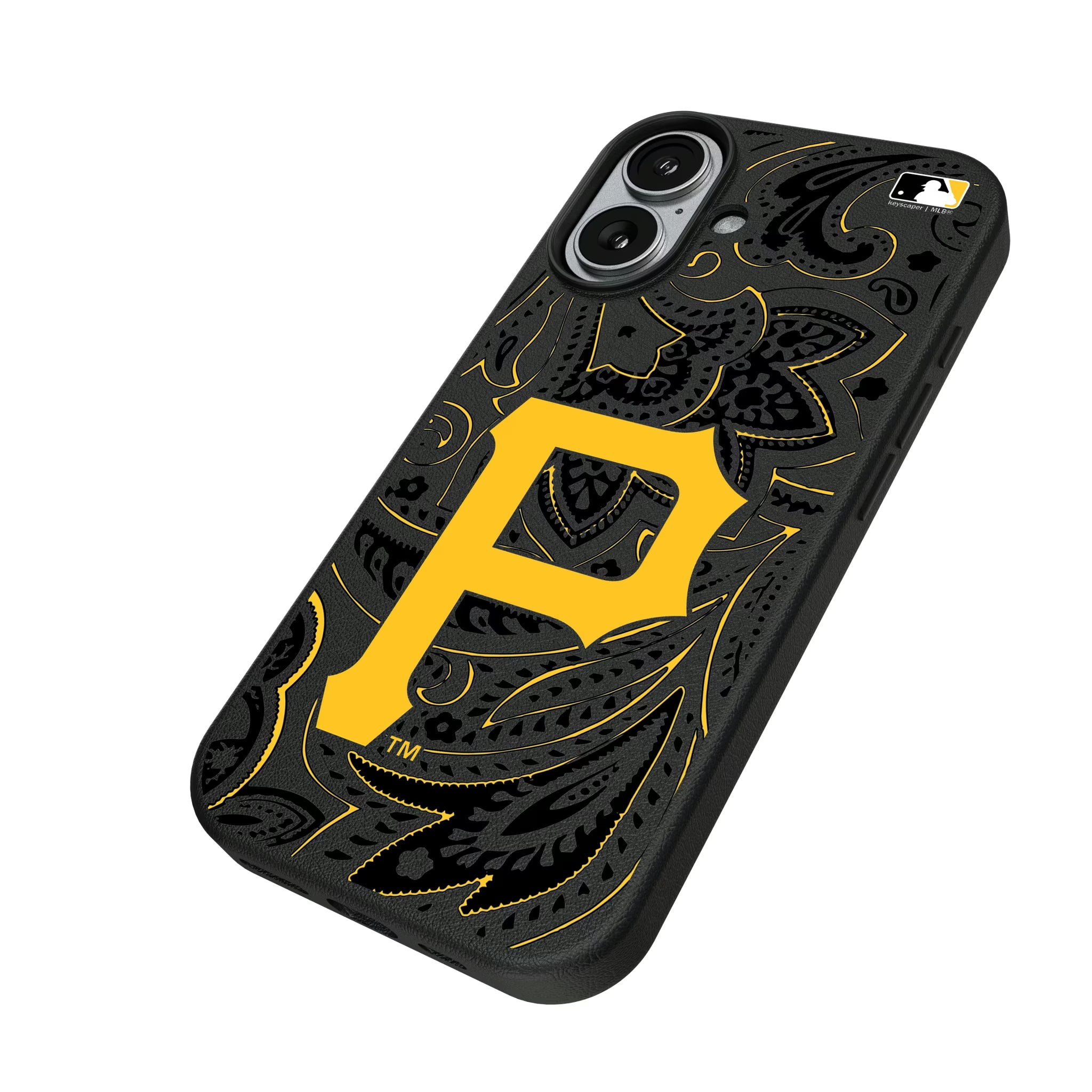 Pittsburgh Pirates Paisley iPhone MagSafe Compatible Phone Case for Apple iPhone - Isometric View#Device_iPhone 17