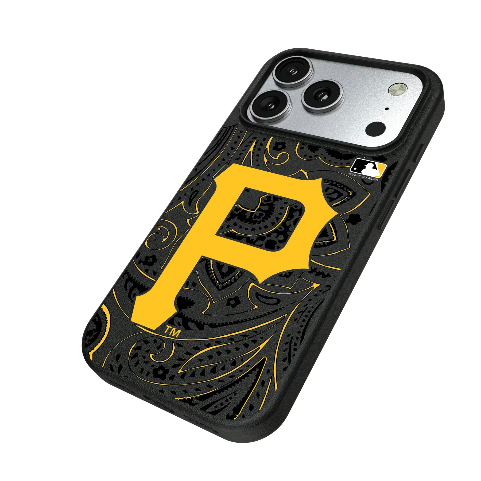 Pittsburgh Pirates Paisley iPhone MagSafe Compatible Phone Case for Apple iPhone - Isometric View#Device_iPhone 17 Pro