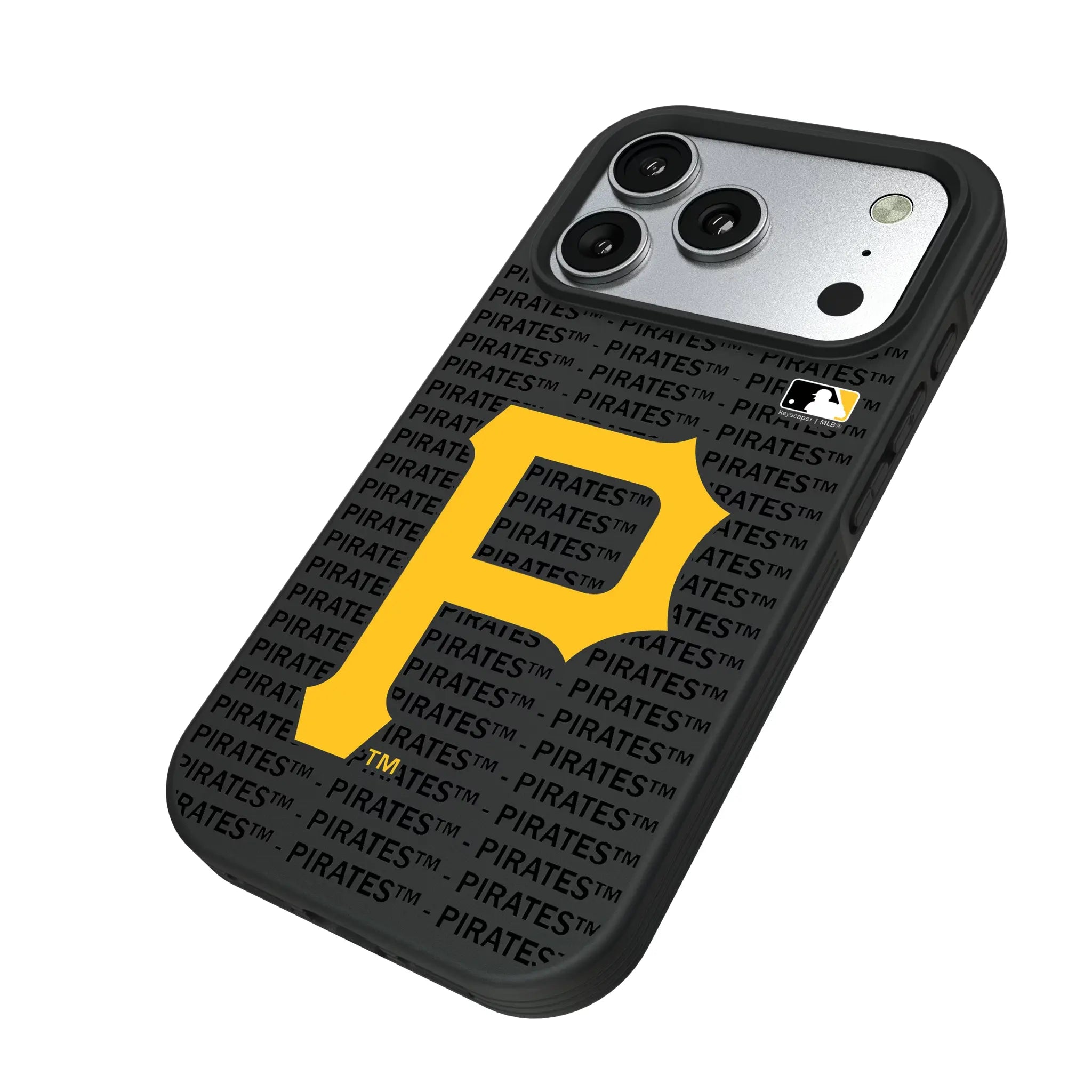Pittsburgh Pirates Text Backdrop iPhone Bump Phone Case for Apple iPhone - Isometric View#Device_iPhone 17 Pro