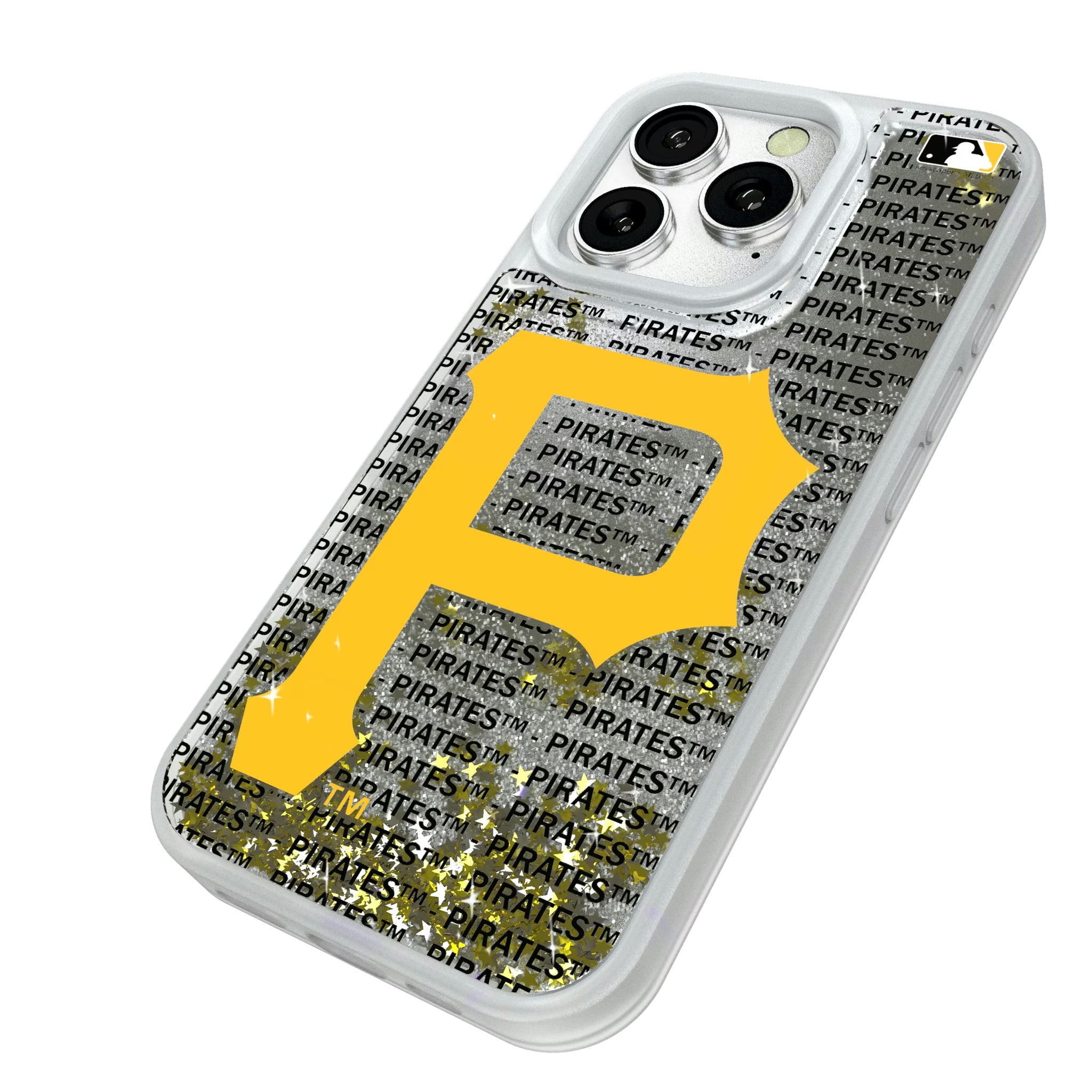 Pittsburgh Pirates Text Backdrop iPhone Glitter Phone Case for Apple iPhone - Isometric View#Device_iPhone 16 Pro