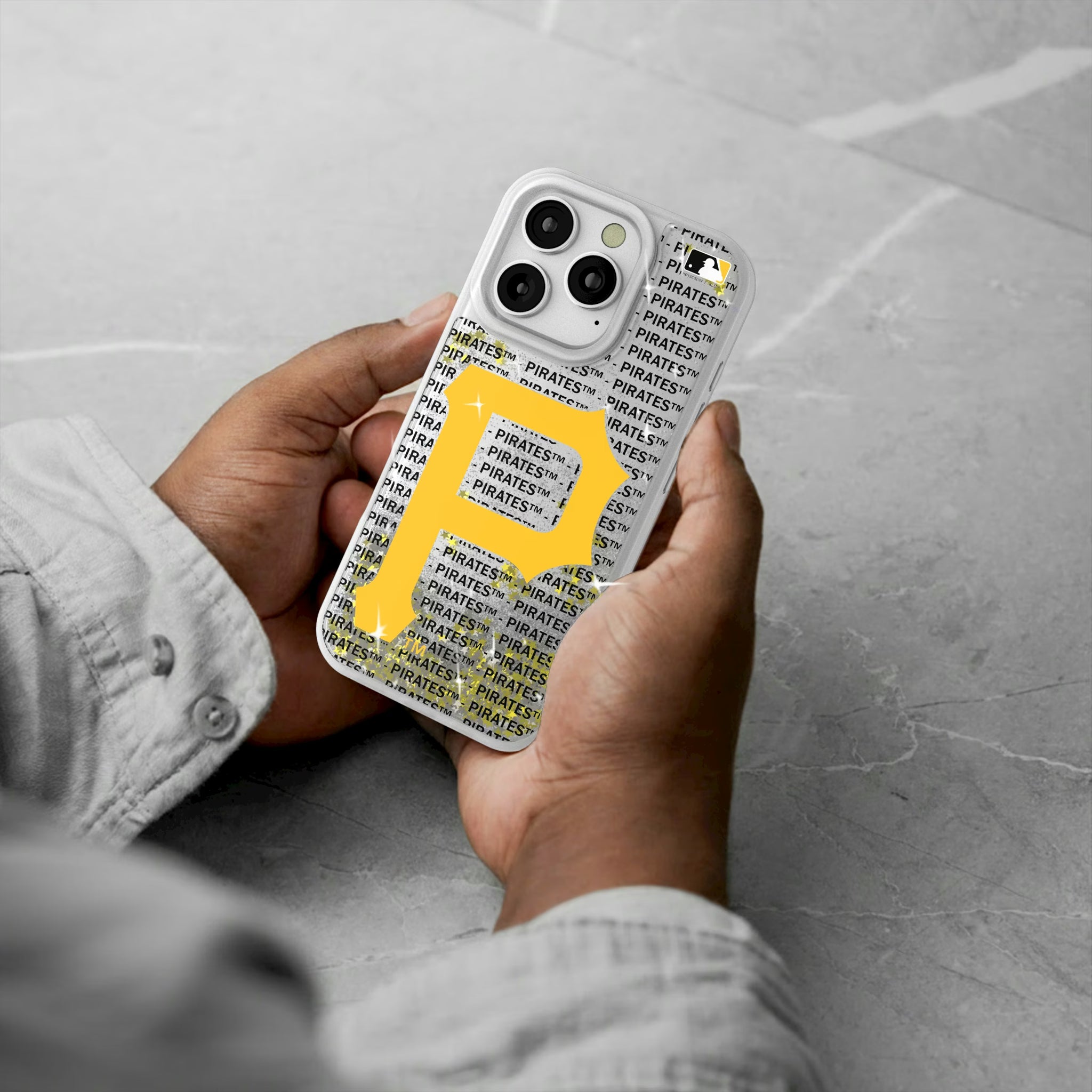 Pittsburgh Pirates Text Backdrop iPhone Glitter Phone Case for Apple iPhone - Lifestyle#Device_iPhone 16 Pro