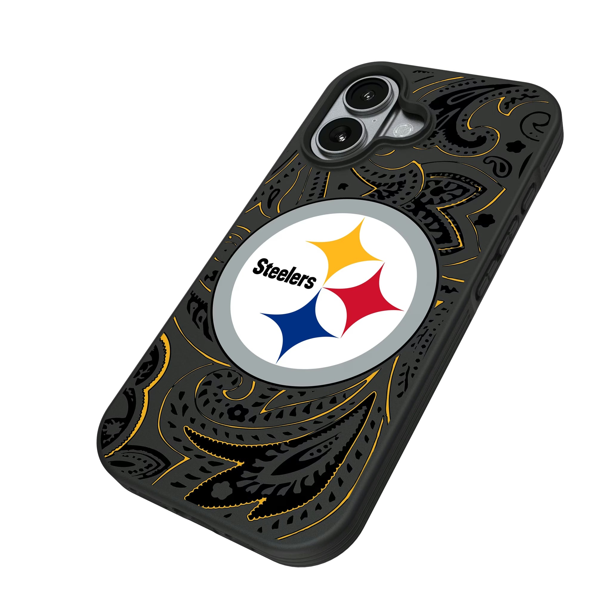 Pittsburgh Steelers Paisley iPhone Bump Phone Case for Apple iPhone - Isometric View#Device_iPhone 17