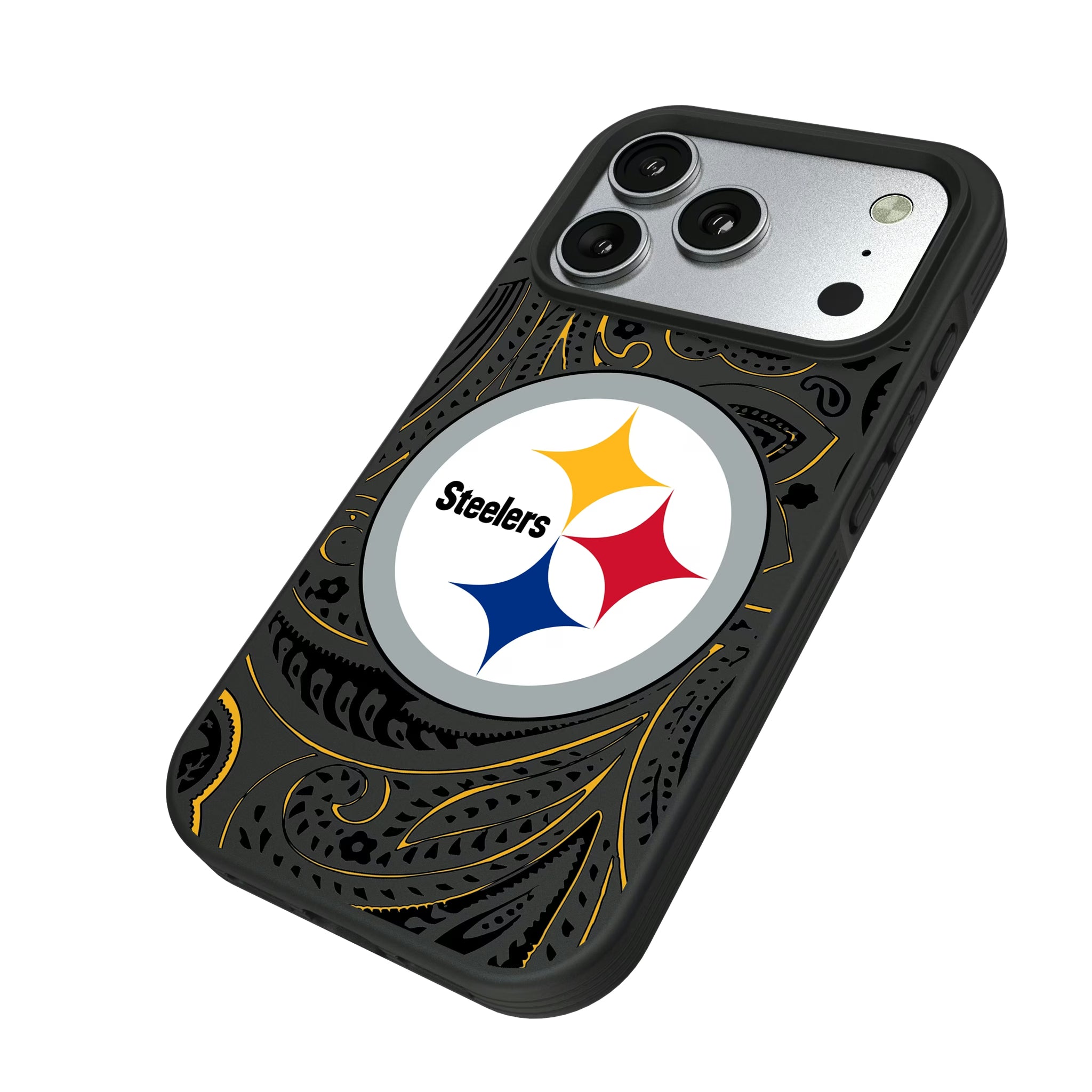 Pittsburgh Steelers Paisley iPhone Bump Phone Case for Apple iPhone - Isometric View#Device_iPhone 17 Pro