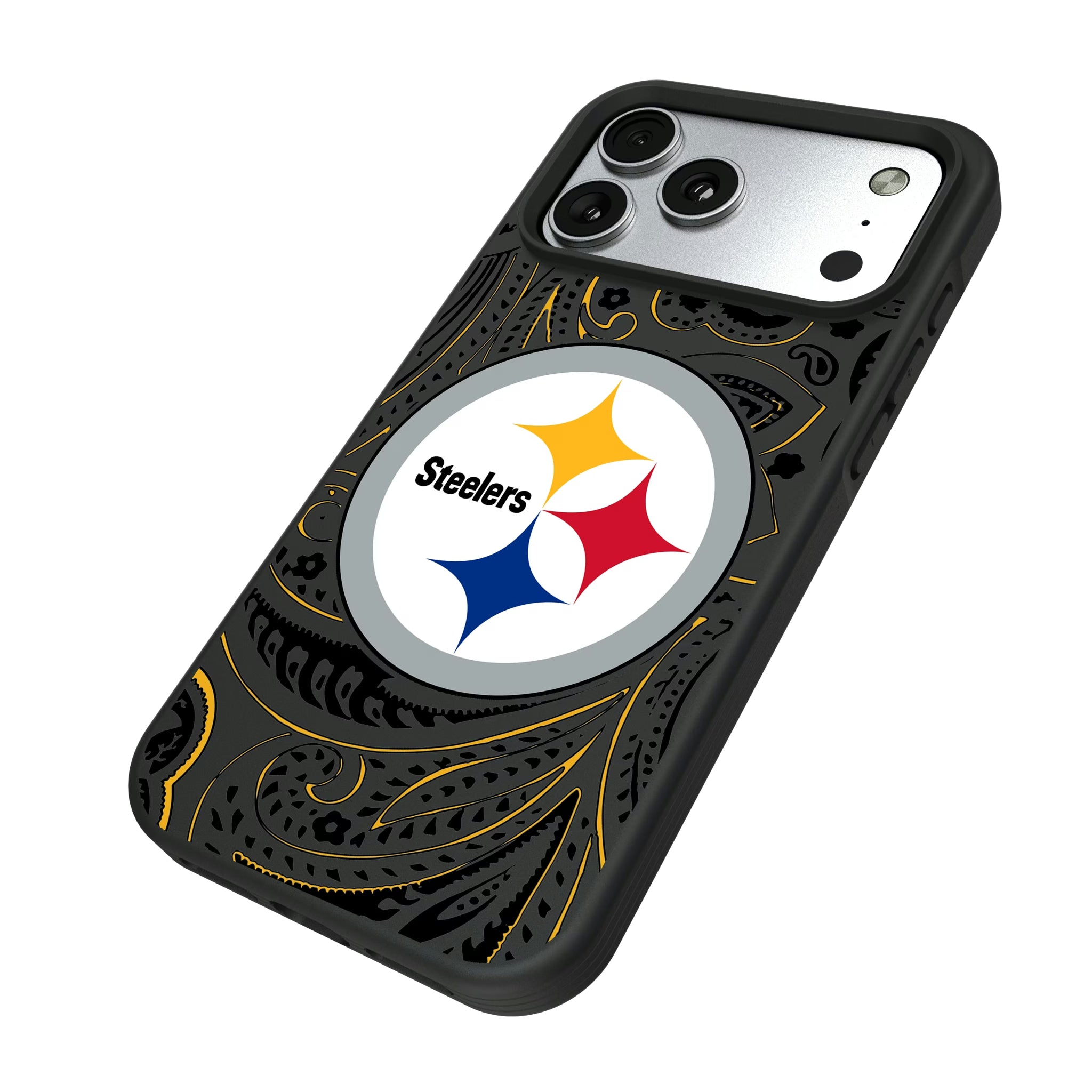 Pittsburgh Steelers Paisley iPhone Bump Phone Case for Apple iPhone - Isometric View#Device_iPhone 17 Pro Max