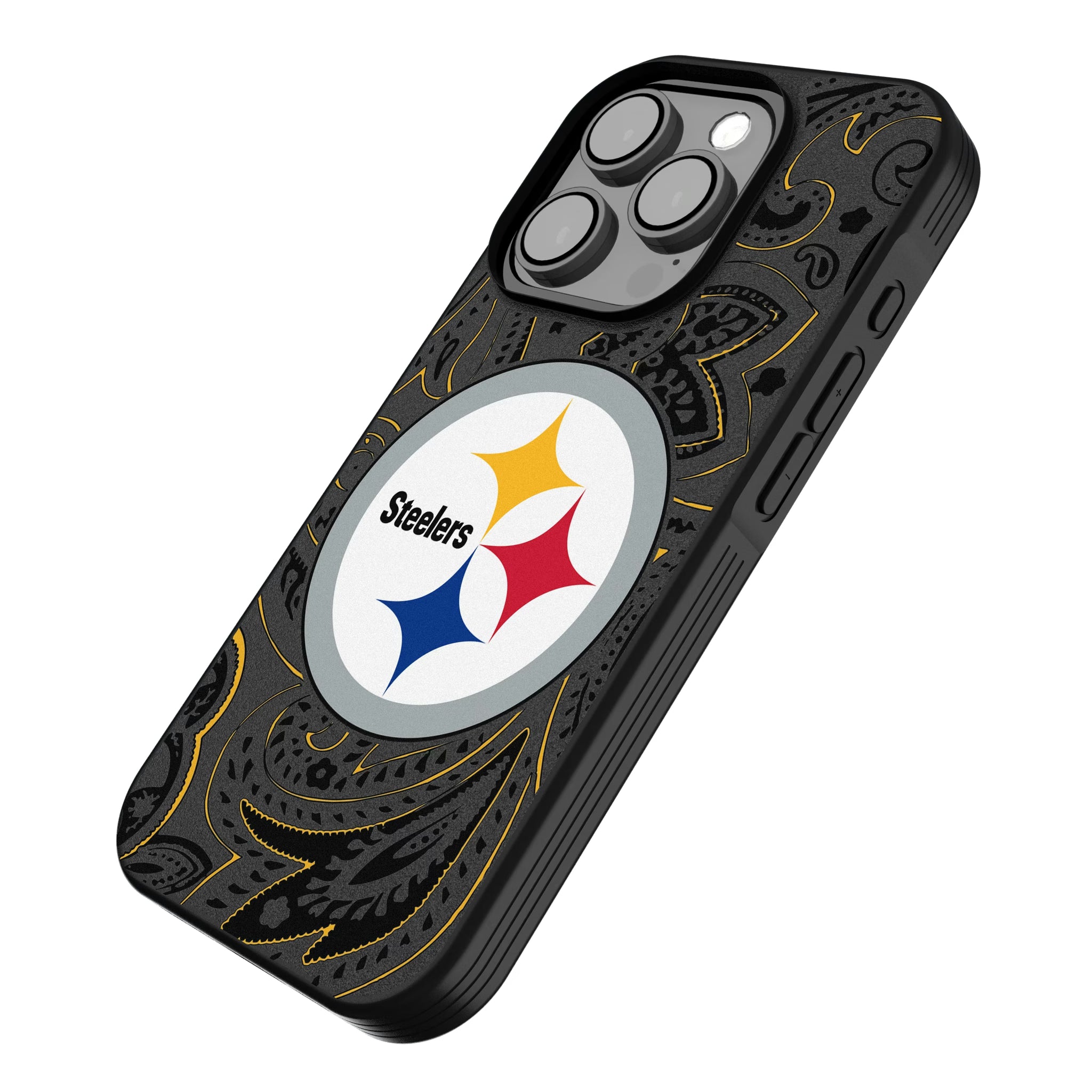 Pittsburgh Steelers Paisley iPhone Bump Phone Case for Apple iPhone - Isometric View