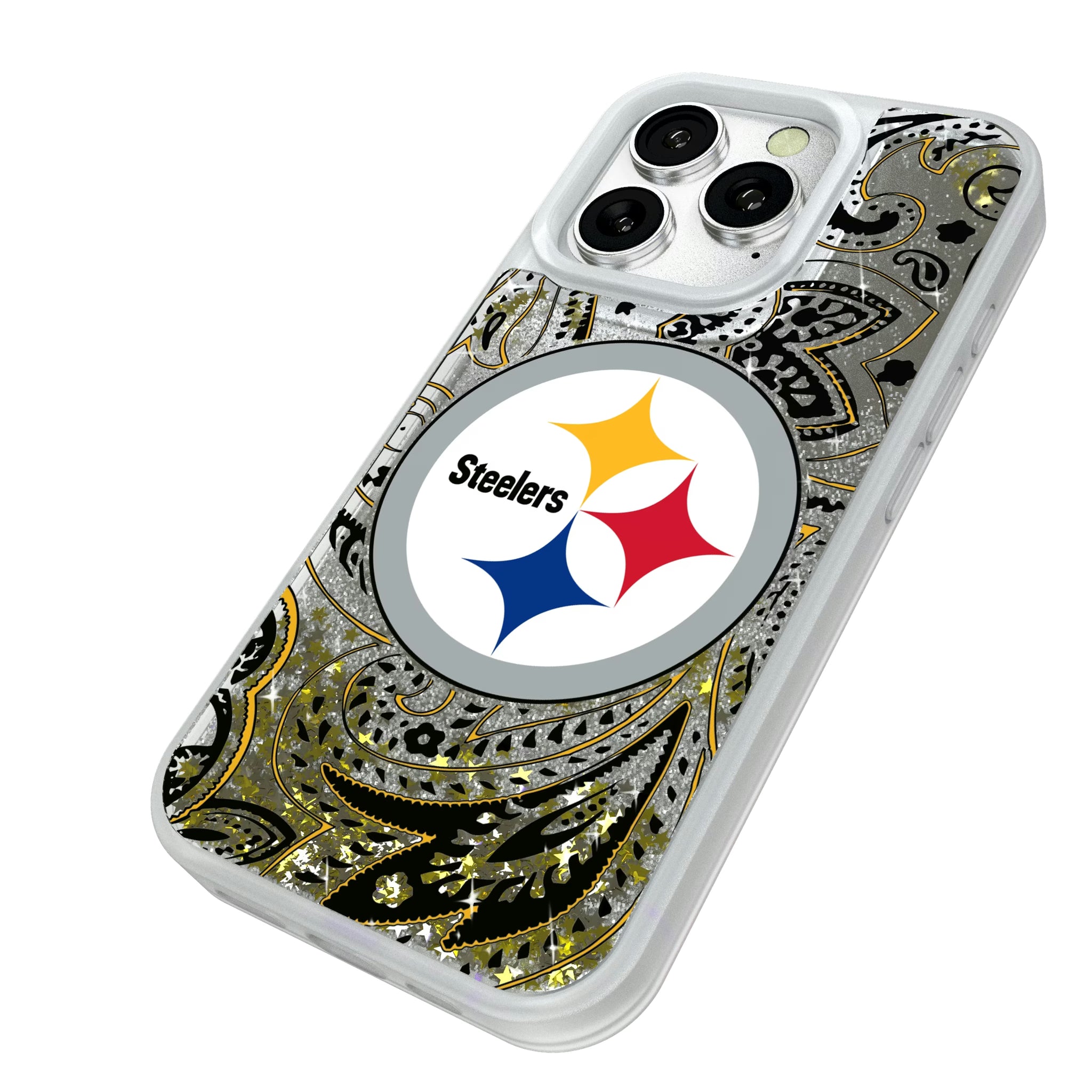 Pittsburgh Steelers Paisley iPhone Glitter Phone Case for Apple iPhone - Isometric View#Device_iPhone 16 Pro