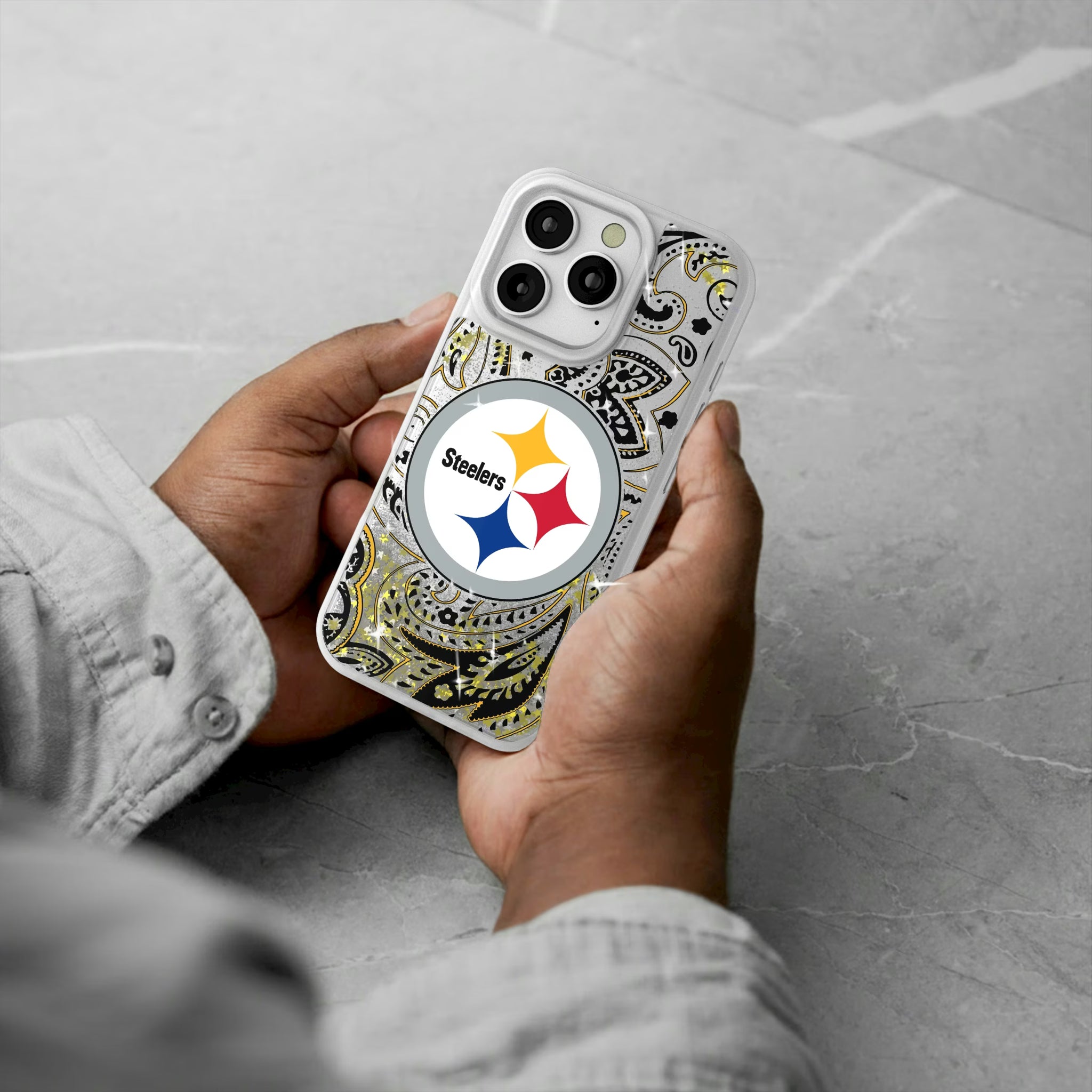 Pittsburgh Steelers Paisley iPhone Glitter Phone Case for Apple iPhone - Lifestyle#Device_iPhone 16 Pro
