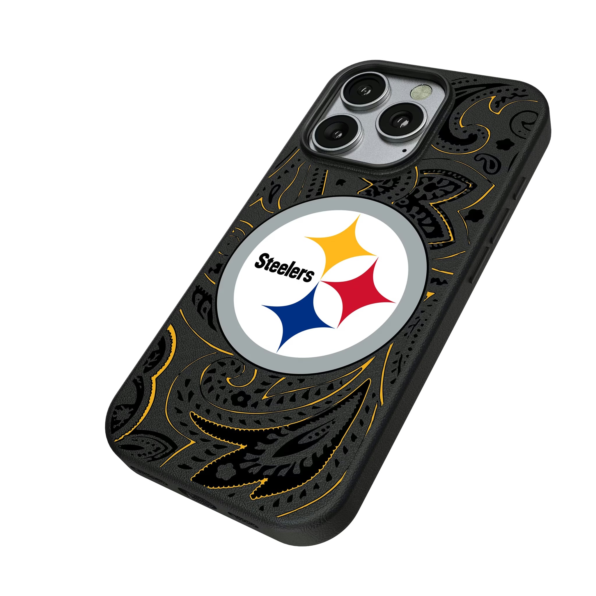 Pittsburgh Steelers Paisley iPhone MagSafe Compatible Phone Case for Apple iPhone - Isometric View