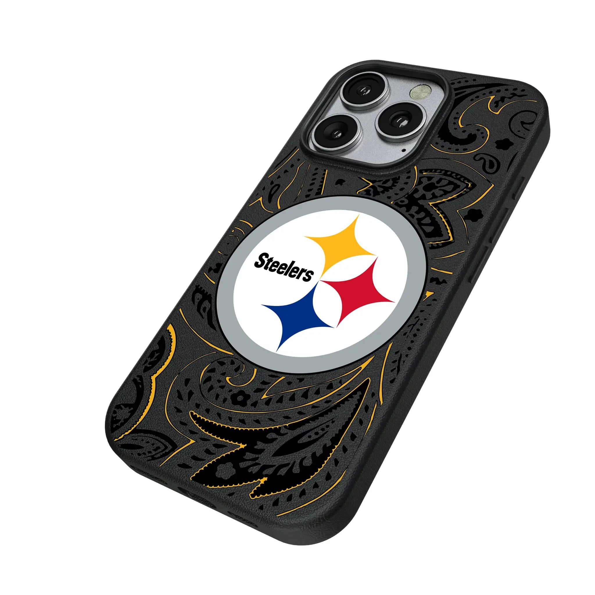Pittsburgh Steelers Paisley iPhone MagSafe Compatible Phone Case for Apple iPhone - Isometric View
