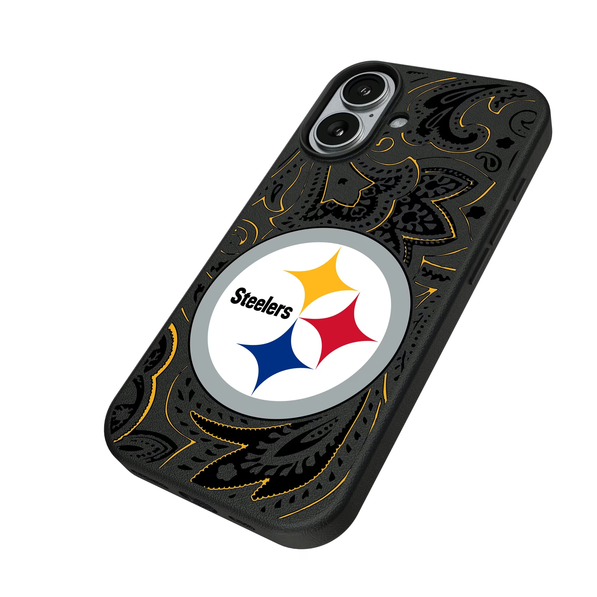 Pittsburgh Steelers Paisley iPhone MagSafe Compatible Phone Case for Apple iPhone - Isometric View#Device_iPhone 17