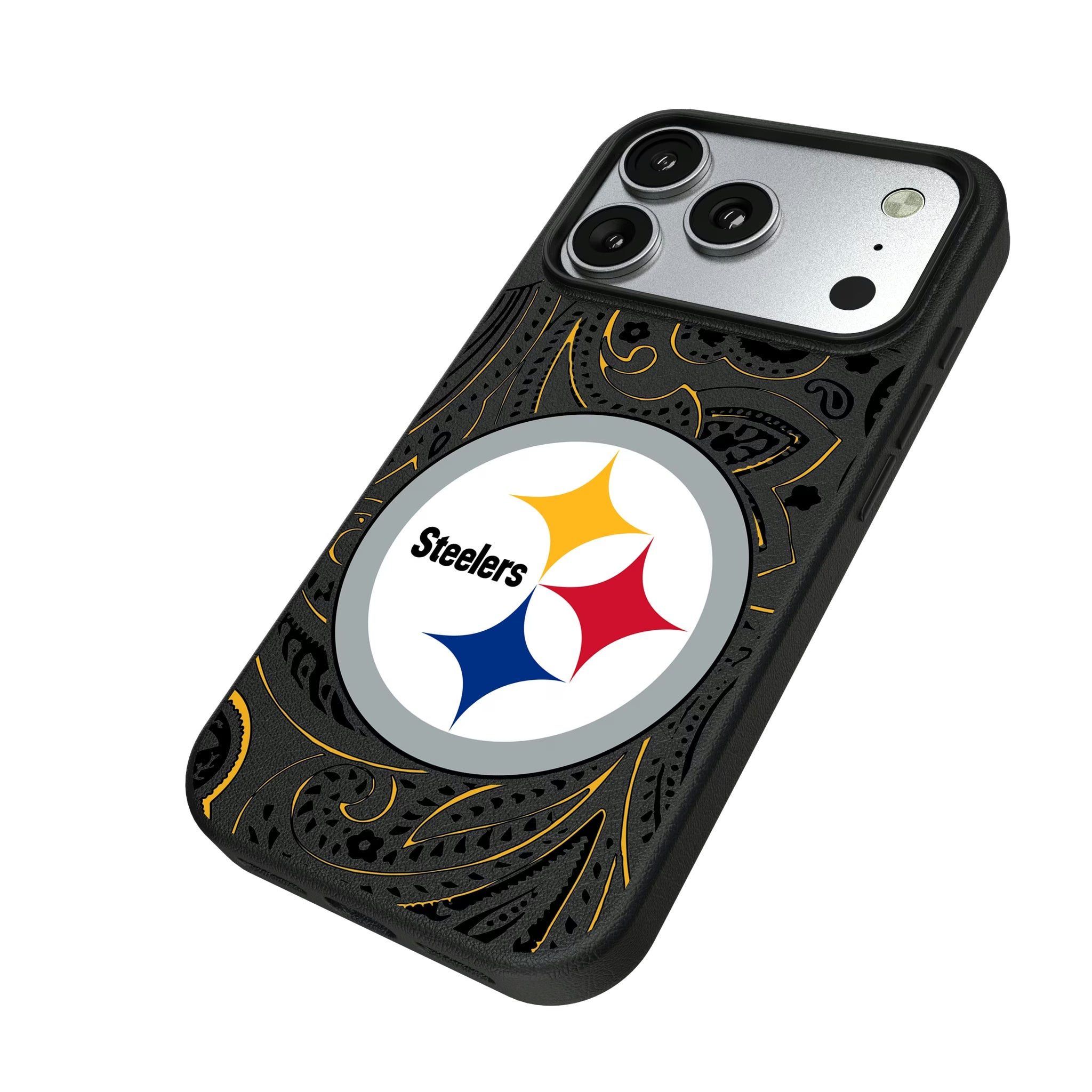 Pittsburgh Steelers Paisley iPhone MagSafe Compatible Phone Case for Apple iPhone - Isometric View#Device_iPhone 17 Pro