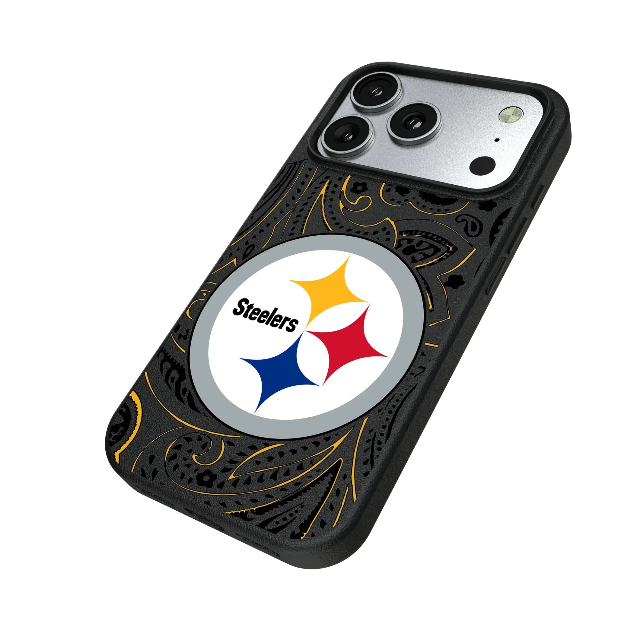 Pittsburgh Steelers Paisley iPhone MagSafe Compatible Phone Case for Apple iPhone - Isometric View#Device_iPhone 17 Pro