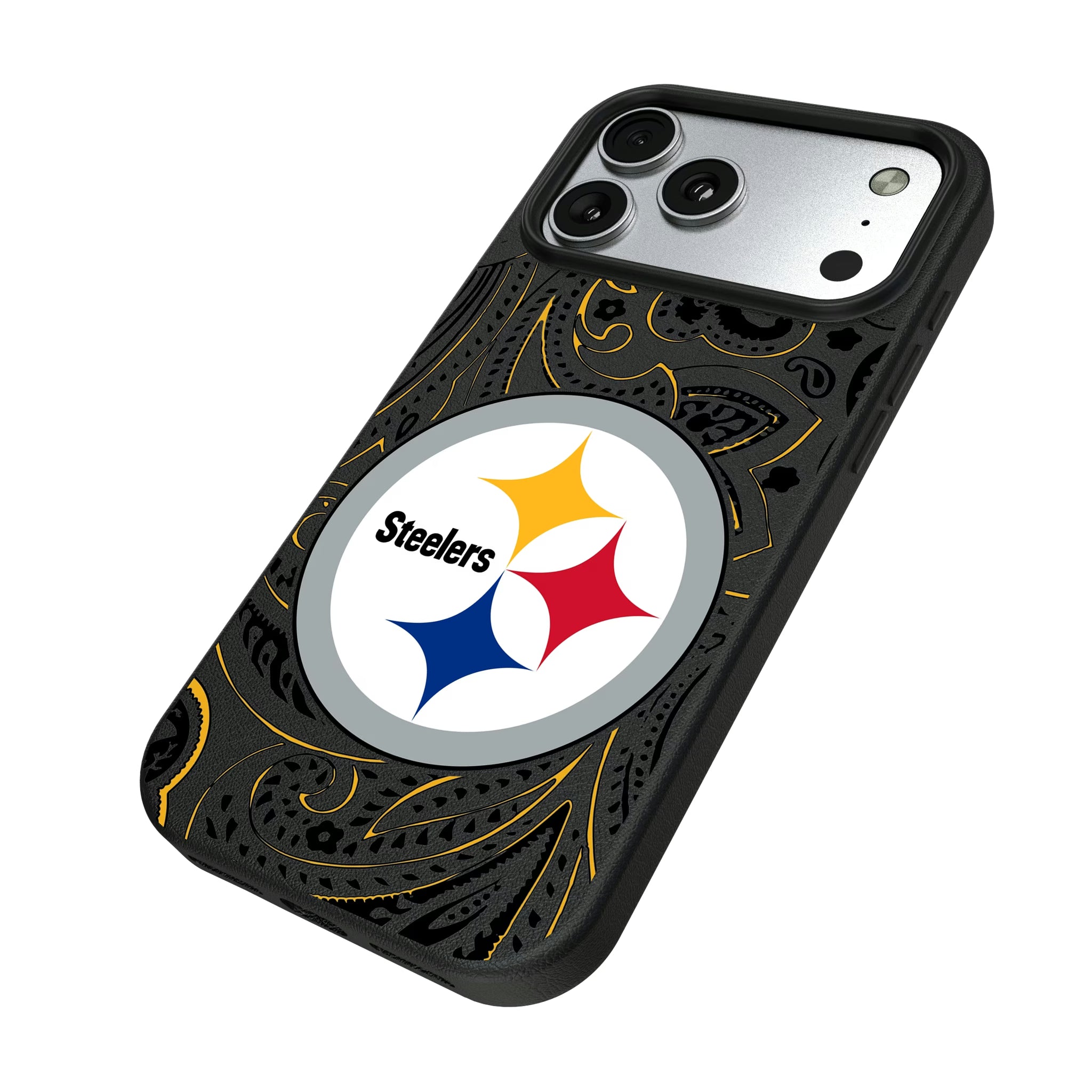 Pittsburgh Steelers Paisley iPhone MagSafe Compatible Phone Case for Apple iPhone - Isometric View#Device_iPhone 17 Pro Max