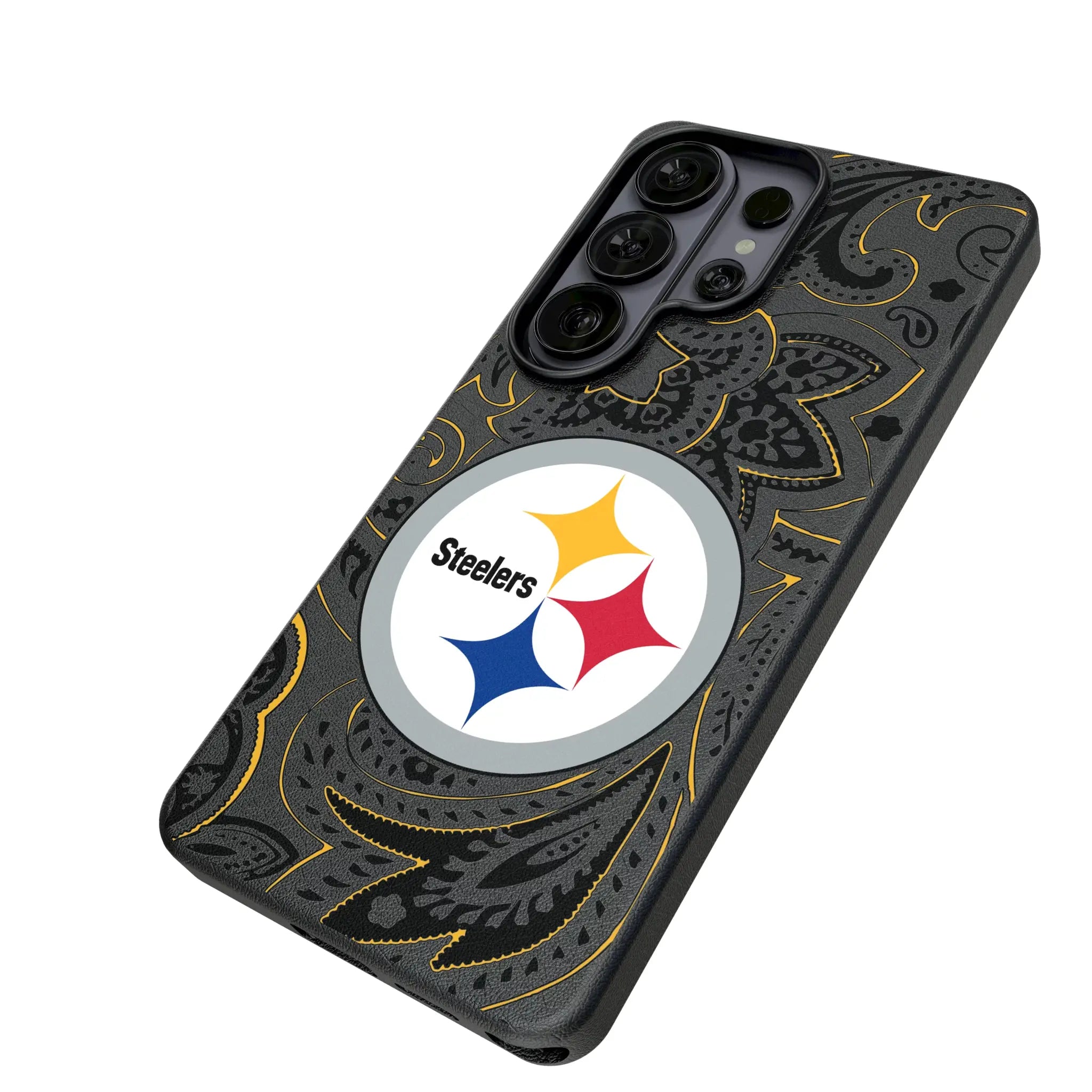 Pittsburgh Steelers Paisley Galaxy MagSafe Compatible Phone Case for Samsung Galaxy - Isometric View#Device_Galaxy S26 Ultra
