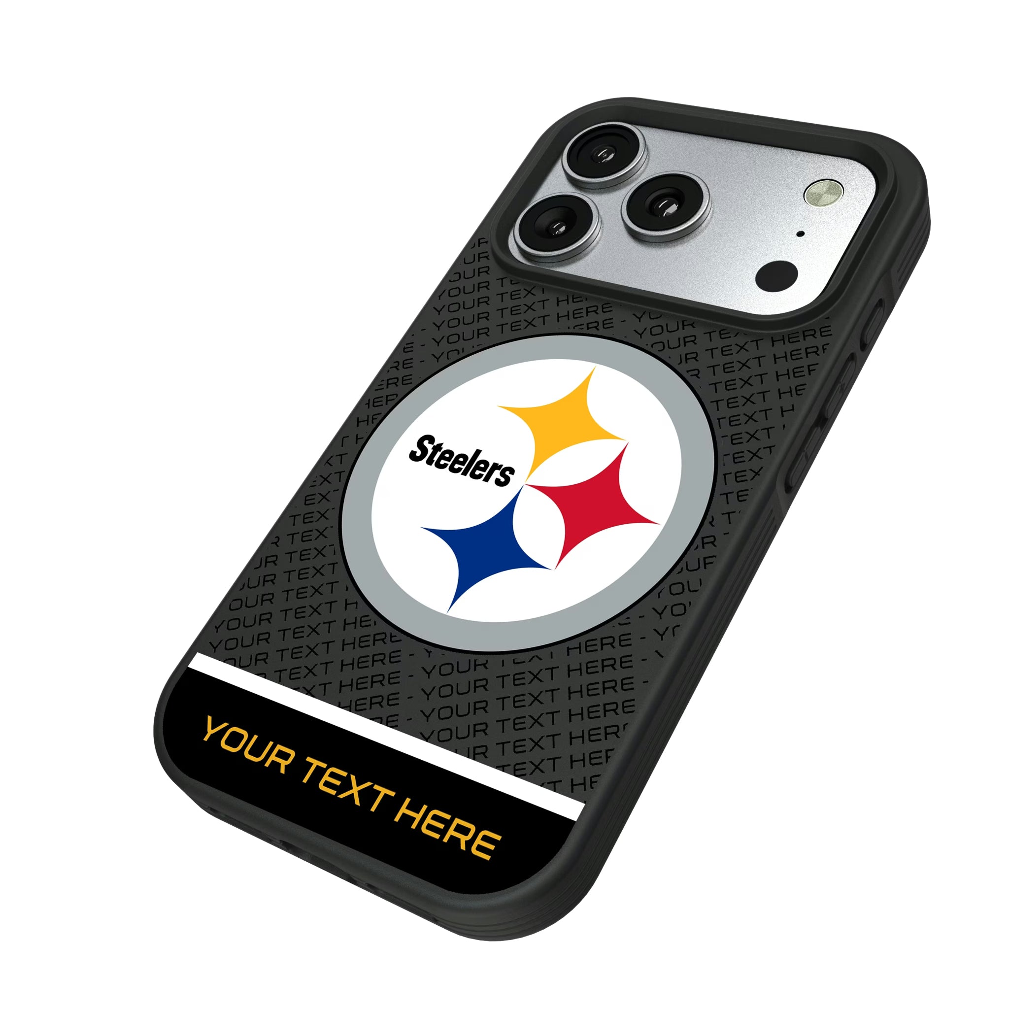 Pittsburgh Steelers Personalized EndZone Plus iPhone Bump Phone Case for Apple iPhone - Isometric View#Device_iPhone 17 Pro