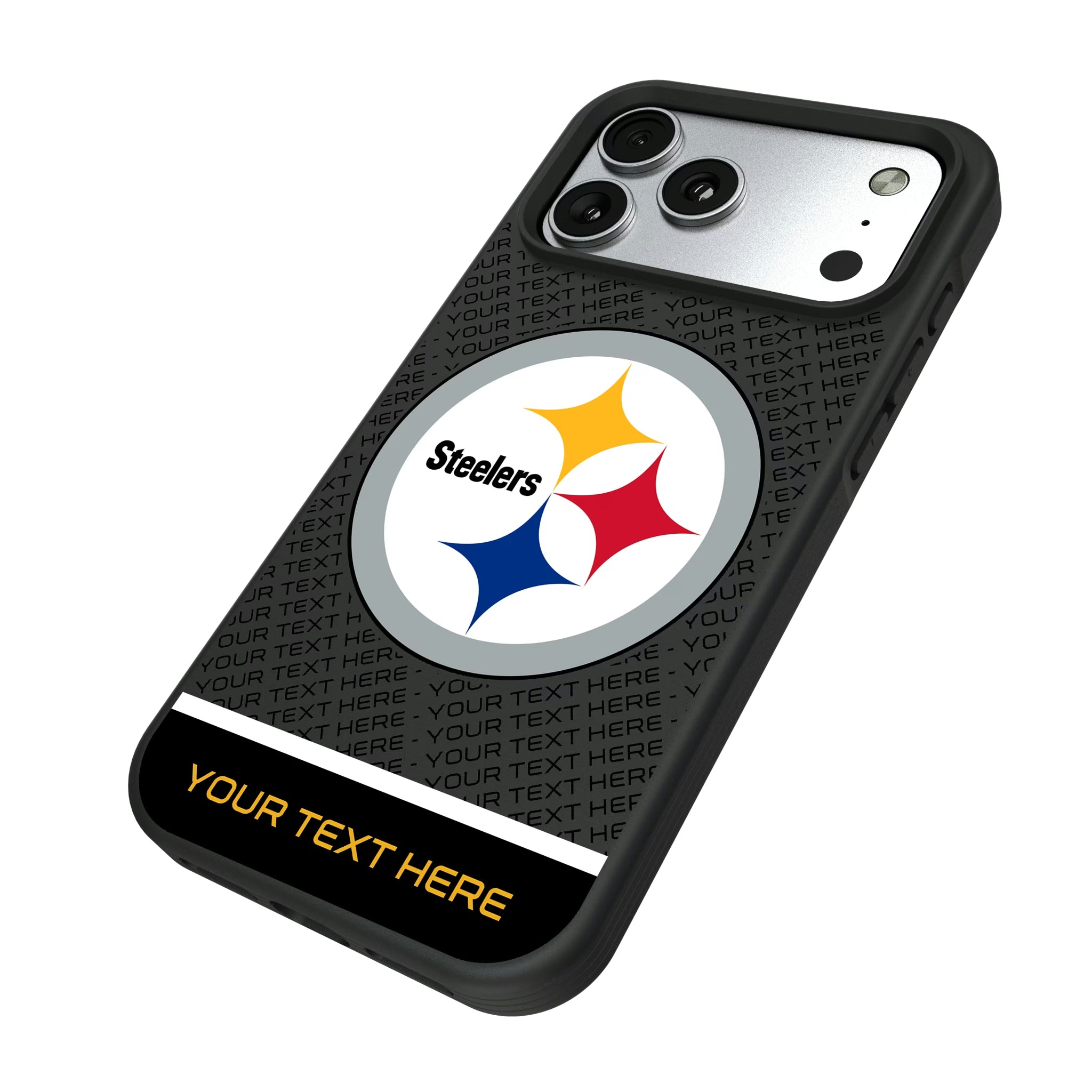 Pittsburgh Steelers Personalized EndZone Plus iPhone Bump Phone Case for Apple iPhone - Isometric View#Device_iPhone 17 Pro Max