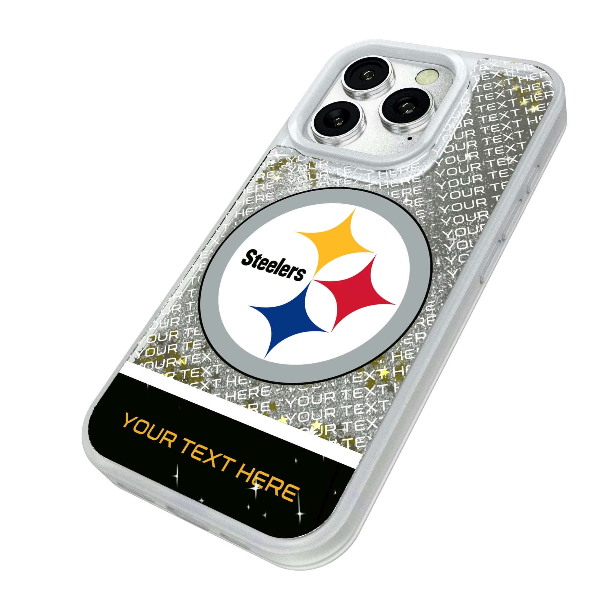 Pittsburgh Steelers Personalized EndZone Plus iPhone Glitter Phone Case for Apple iPhone - Isometric View#Device_iPhone 16 Pro