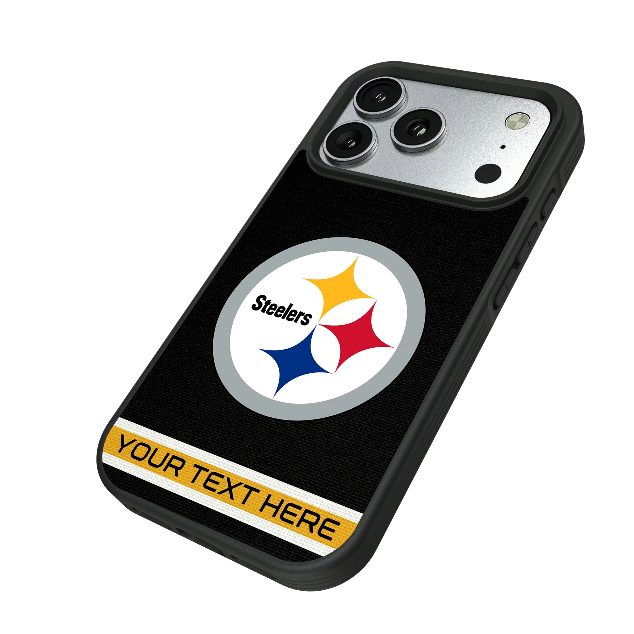 Pittsburgh Steelers Personalized Stripe iPhone Bump Phone Case for Apple iPhone - Isometric View#Device_iPhone 17 Pro