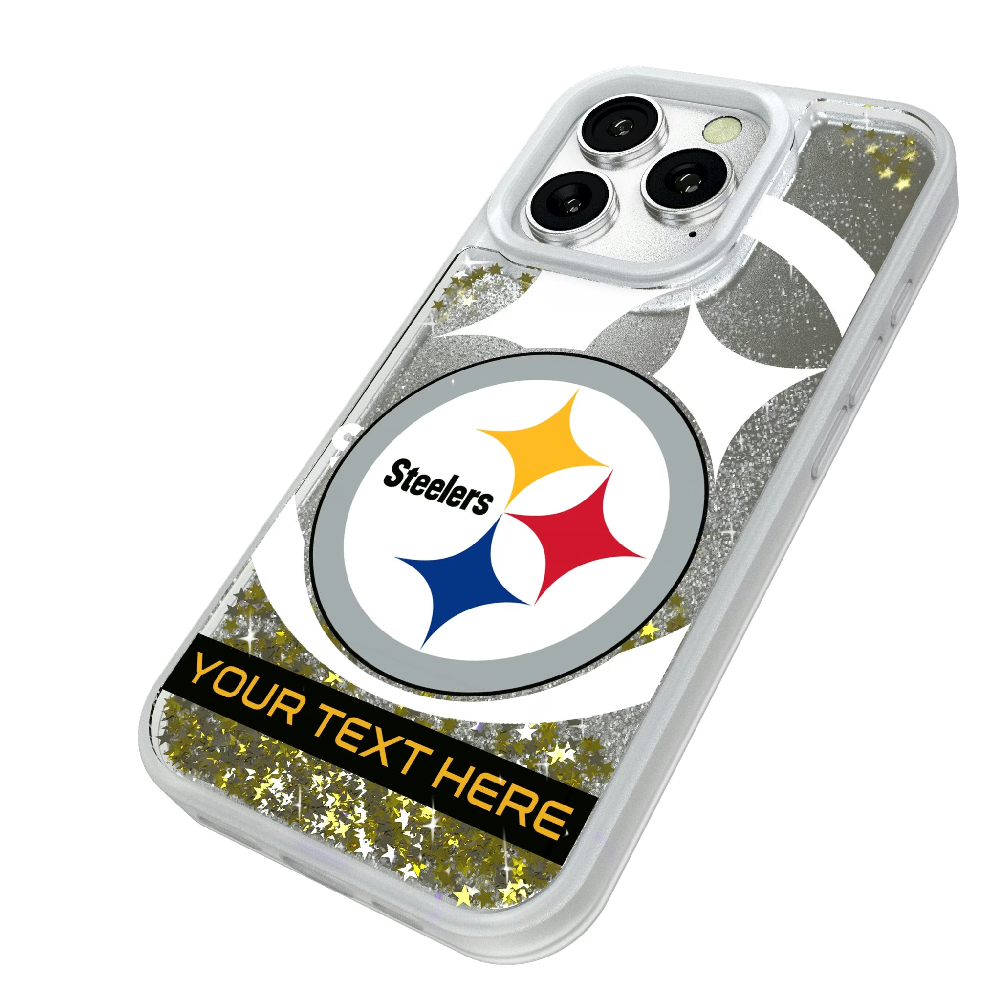 Pittsburgh Steelers Personalized Tilt iPhone Glitter Phone Case for Apple iPhone - Isometric View#Device_iPhone 16 Pro